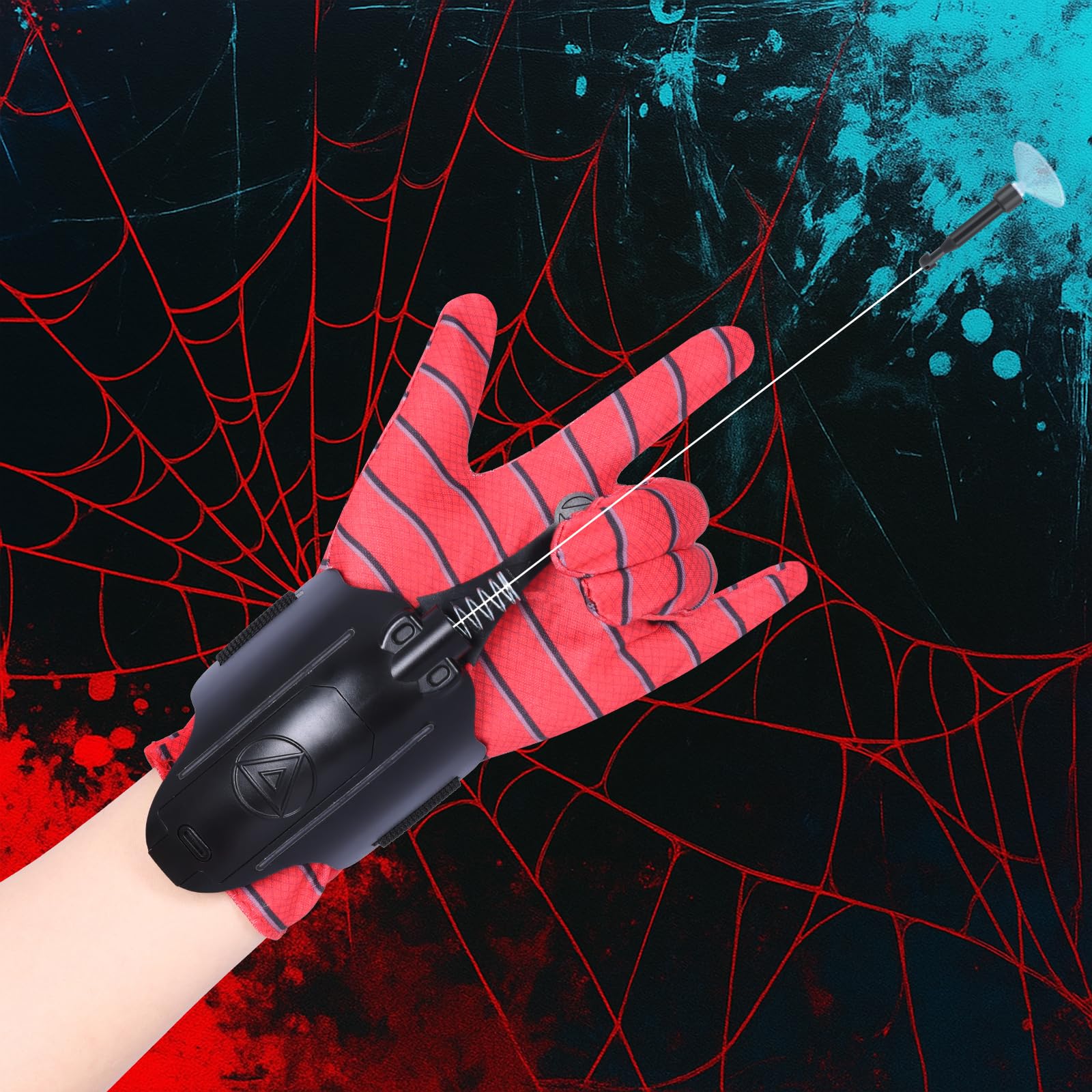 Spider Web Shooter 3.0-2.8 m Automatic Rope Launcher with LED Lights and USB Charging - Superhero Role Play Toy for Children and Cosplay (Black) (Without Light)