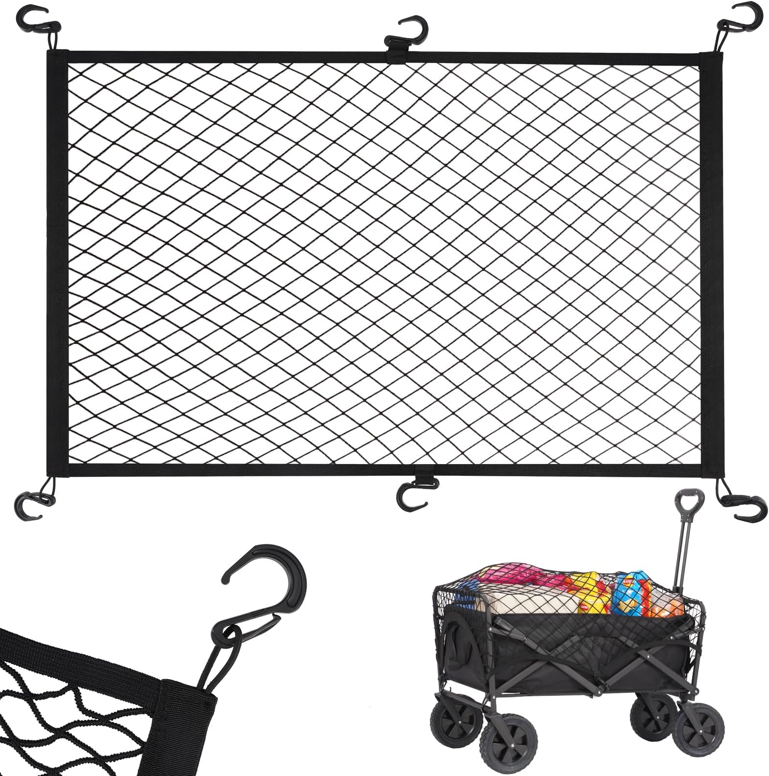 KaskawiseCargo Net for Collapsible Foldable Wagon, Beach Cart, Garden Cart - Elastic Heavy Duty Nylon Cover With 6 Hooks - Outdoor Accessories (43.3"27.6", Black)