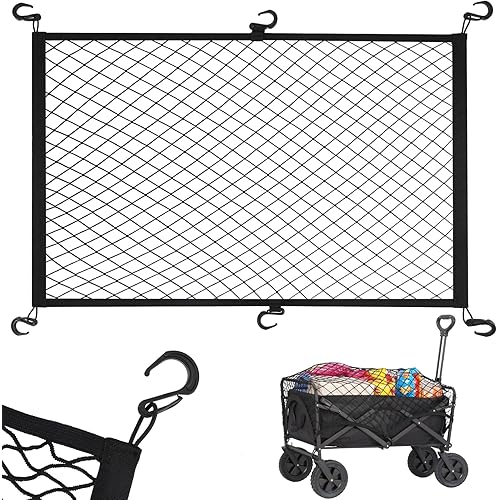 Kaskawise Wagon Cargo Net for Collapsible Foldable Wagon, Beach Cart, Garden Cart Cover Net - Elastic Heavy Duty Nylon Net with 6 Hooks - Outdoor Wagon Accessories (35.5"×23.6", Black)