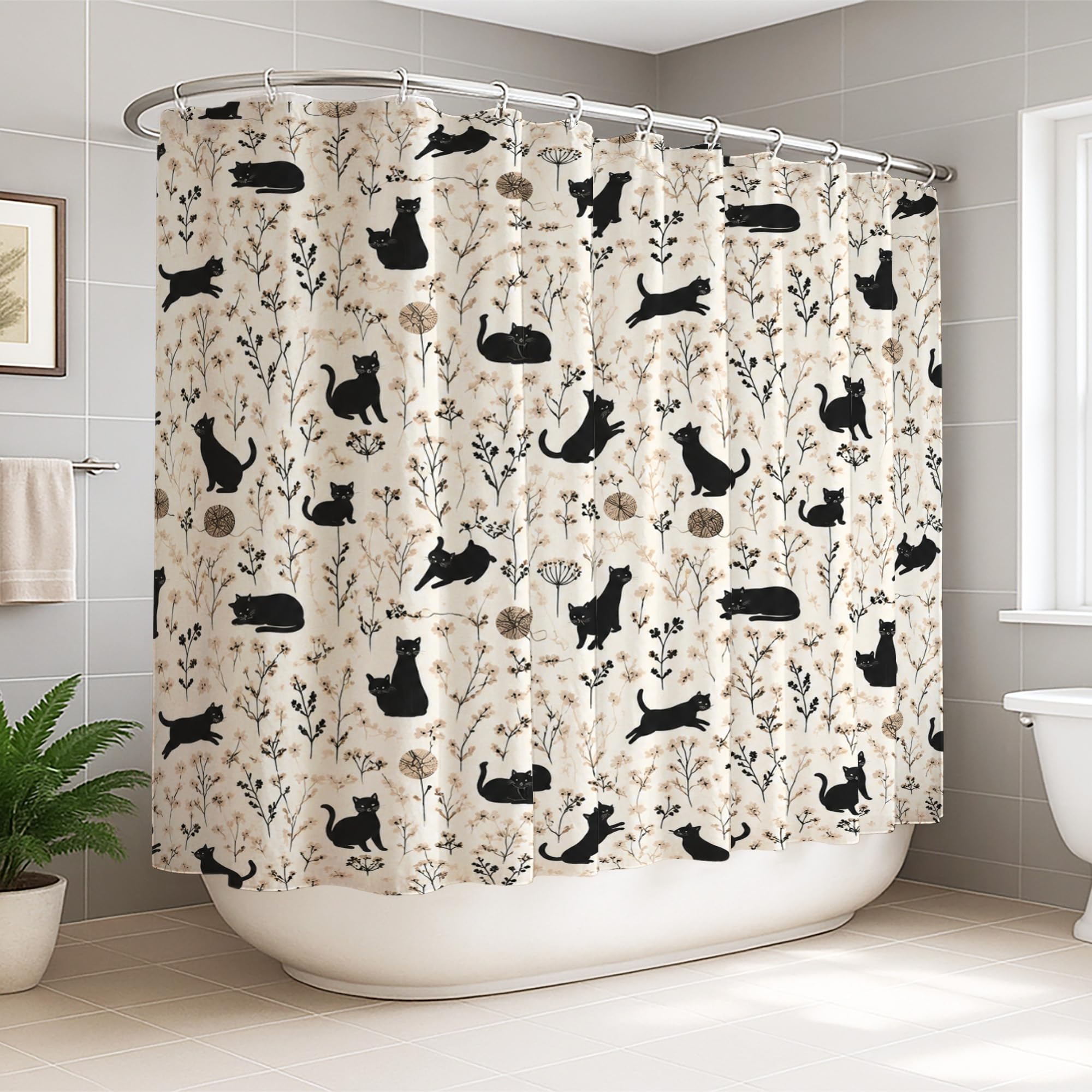 Rideau de douche extra large motif chat pissenlit noir 274x183 cm