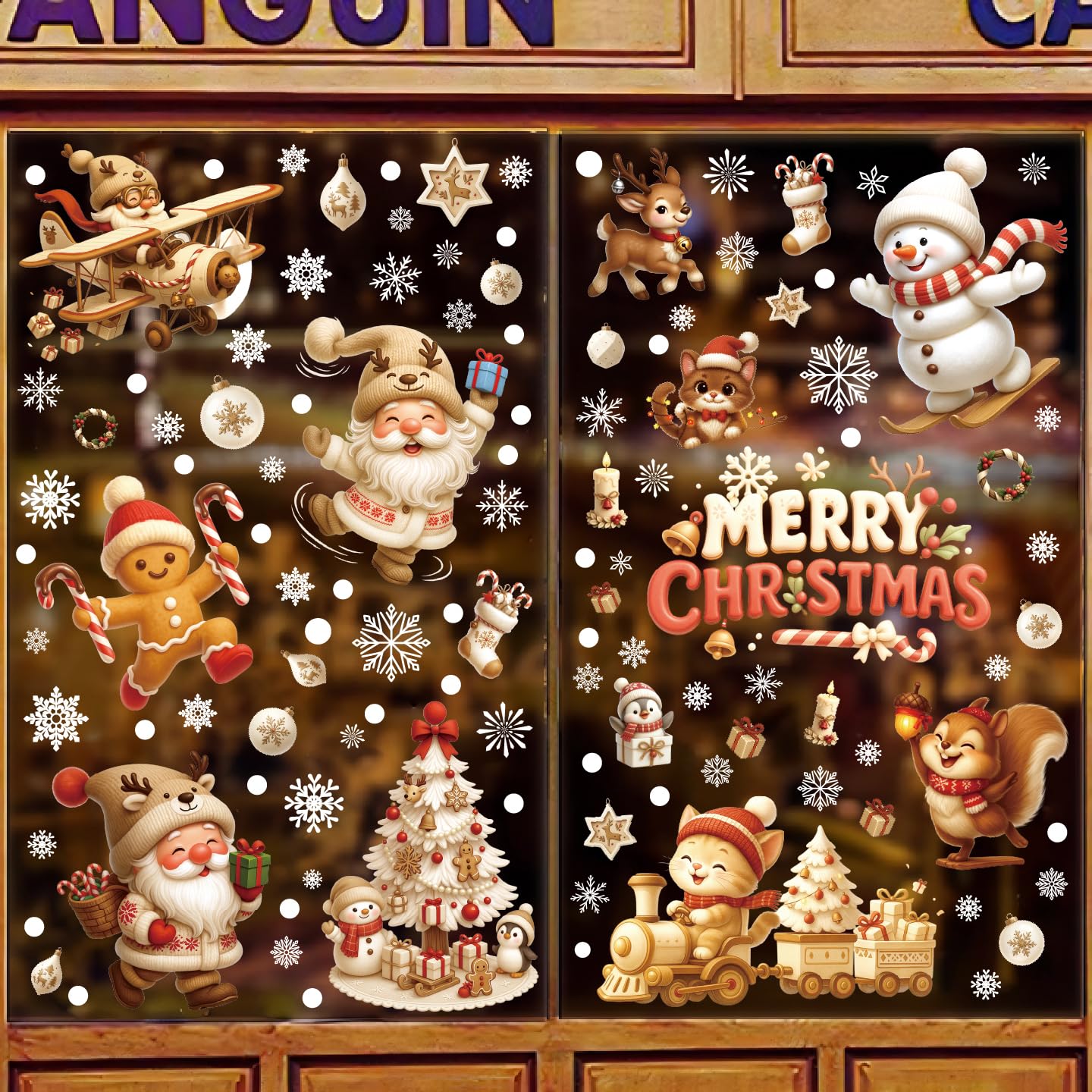 Fassory 9 Sheets 117 Pcs Brown Christmas Window Stickers, Reusable Double-Side Static Xmas Window Clings, Window Stickers Nostalgic Christmas Scene (Wooden Age)