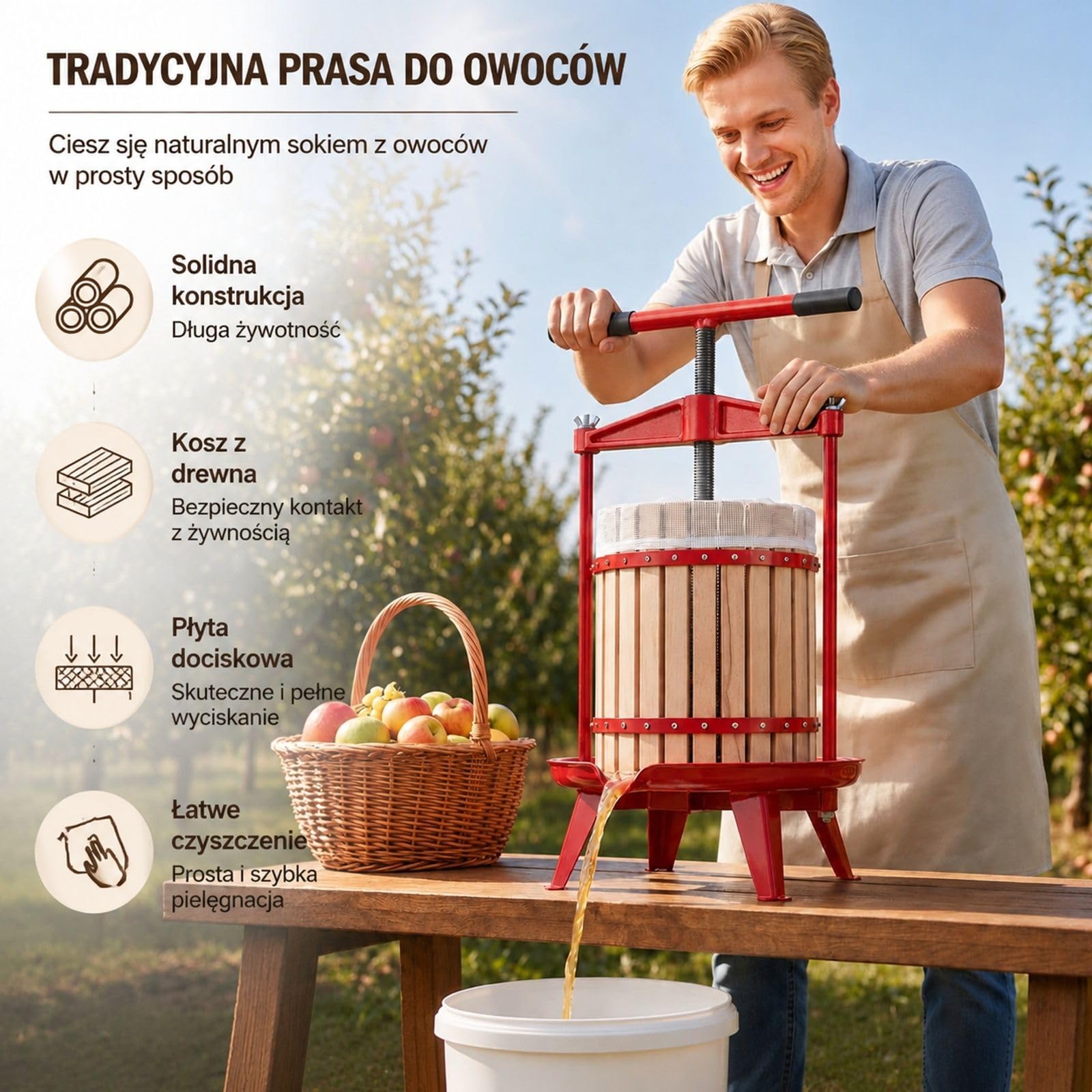 Ręczna prasa do jagód 18 l, prasa do wina i owoców do jabłek, winogron, pomarańczy i warzyw, kosz z litego drewna bukowego, 2 worki filtracyjne, uchwyt