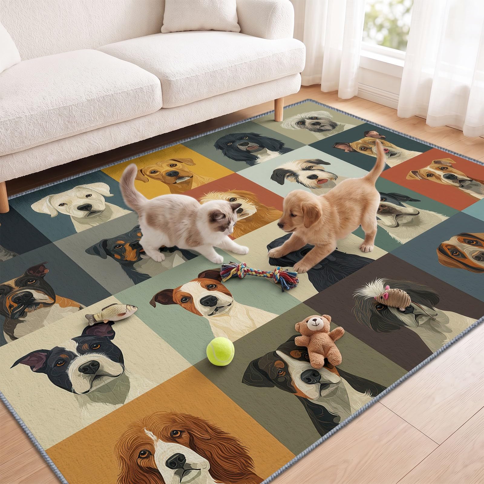 Generisch Mischlingshunde Kids Teppich 160 x 230 cm für Kinderzimmer Pflegeleicht, Tier Teppich Faltbarer rutschfest Waschbarer für Kinderzimmer Schlafzimmer Office