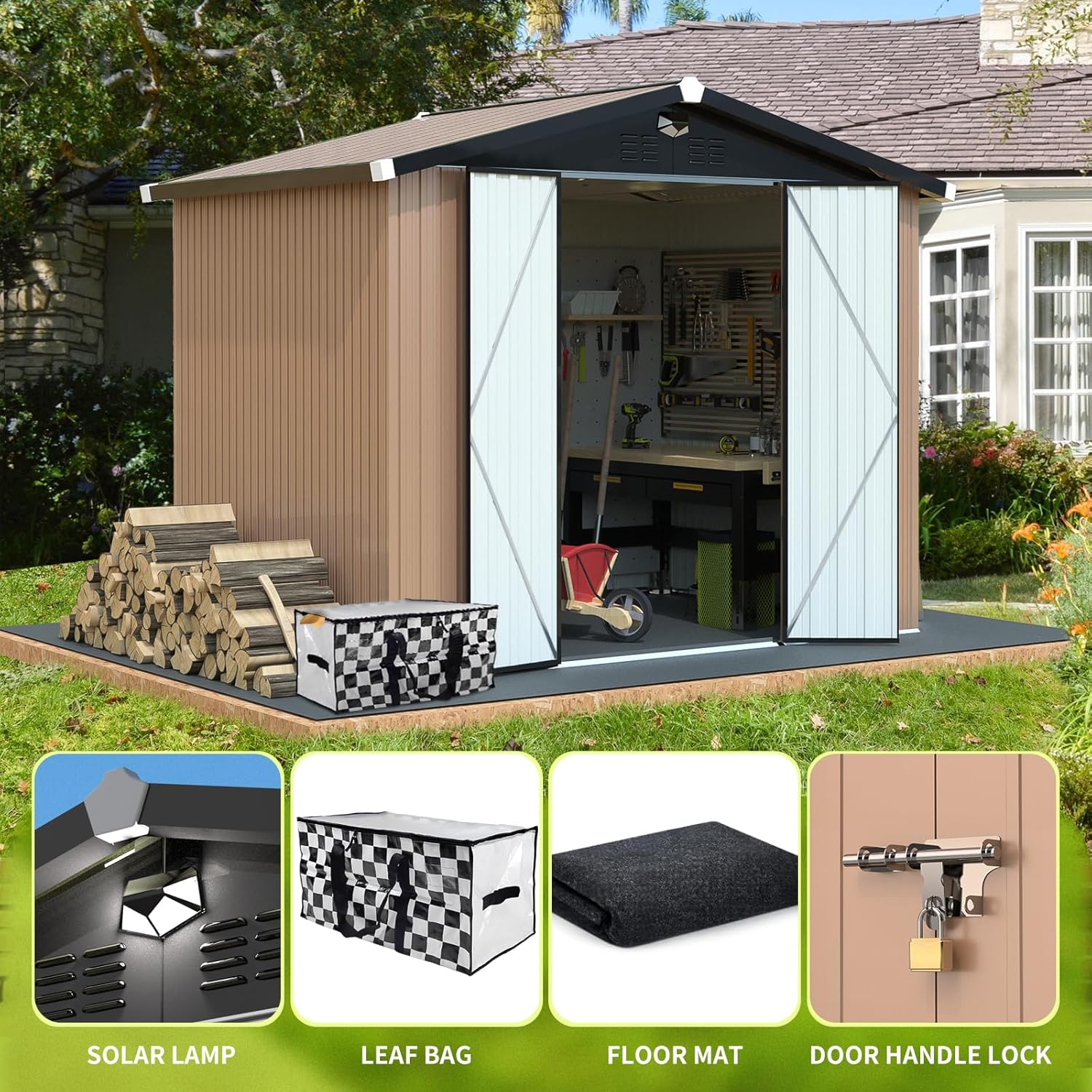 Image showing the Sannwsg storage shed with insets of included accessories: a solar lamp, leaf bag, floor mat, and door handle lock.
