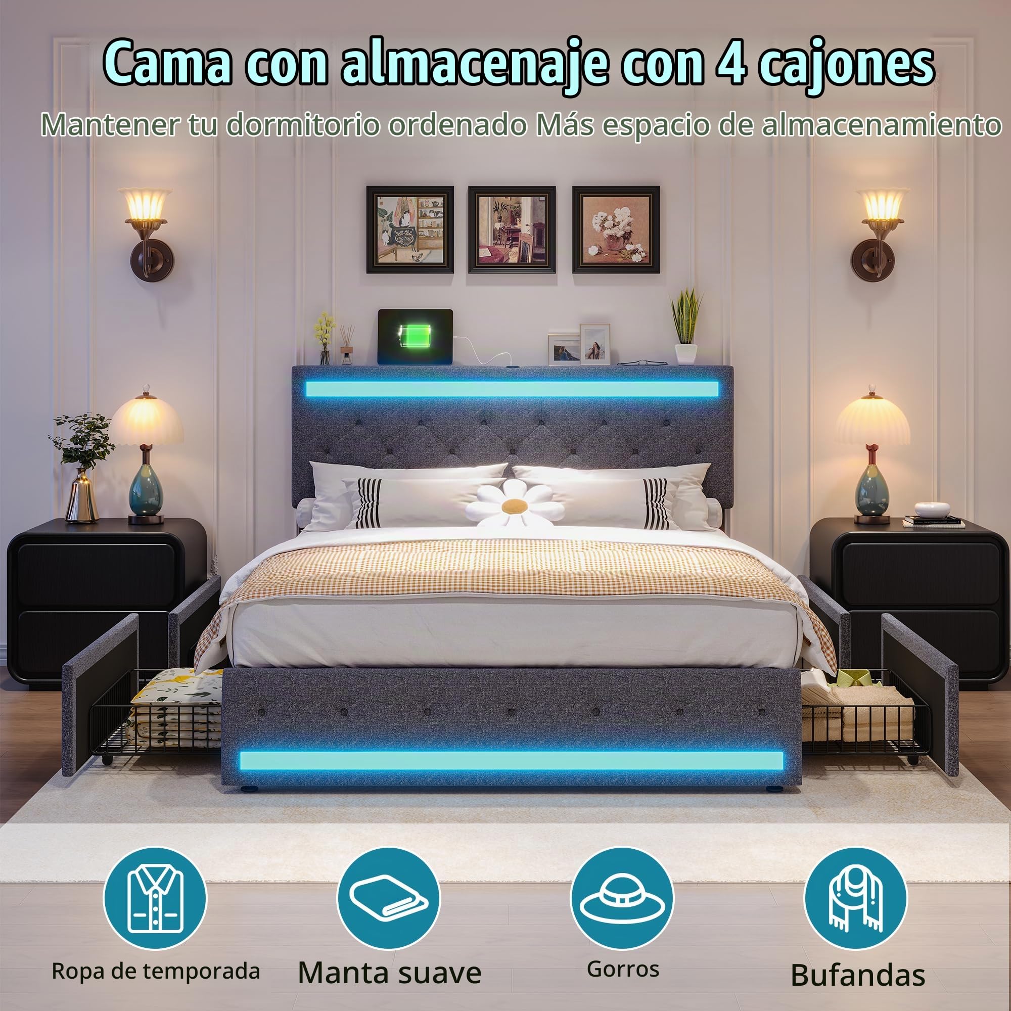 Cama de Matrimonio con Almacenamiento y led, cama Tapizada 160x200 luces led y Cargador Cama con usb y luz led Cama160x200 con 4 Cajones de Almacenamiento, Sin Colchón (A Gris oscuro, 160x200 cm)