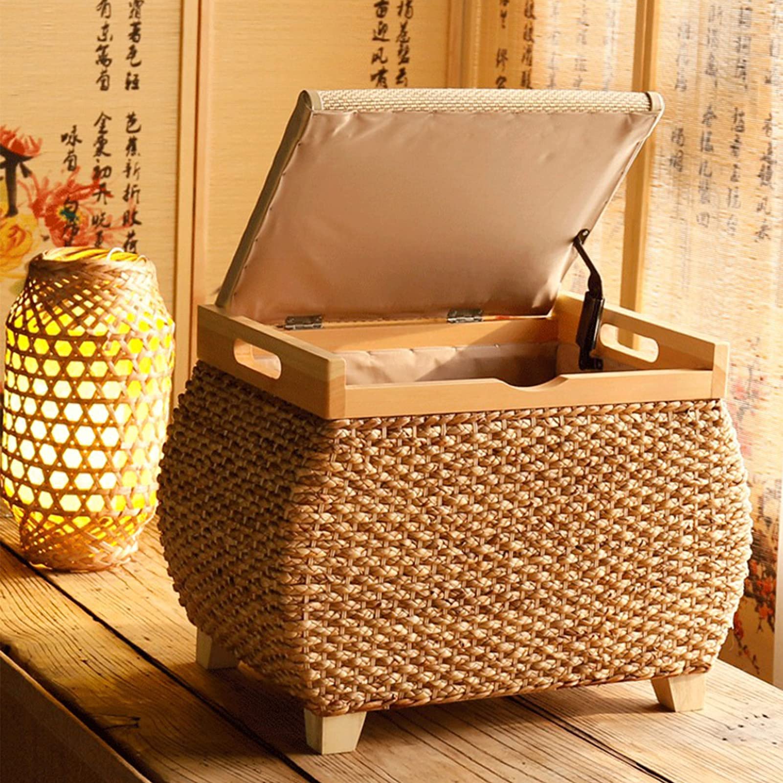 Reposapiés Estilo Rústico con Tapa Abatible, Patas De Madera, Reposapiés para Pasillo, Ventana, Asiento Acolchado, Caja De Juguetes, Baúl, 52 X 36 X 40 Cm, Deco(B-45X36X40Cm)