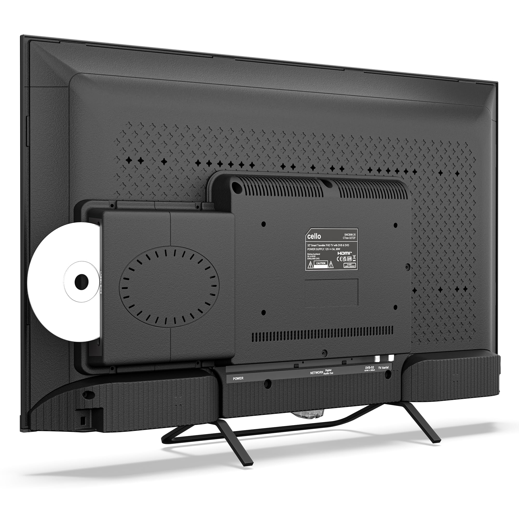 Cello Ctrav-32TZF 32" Smart TV LED z systemem Tizen OS, telewizor podróżny 12V z wbudowanym DVD, 3-letnia gwarancja, głośniki Pitch Perfect, Prime Video, Bluetooth, idealny do kamperów