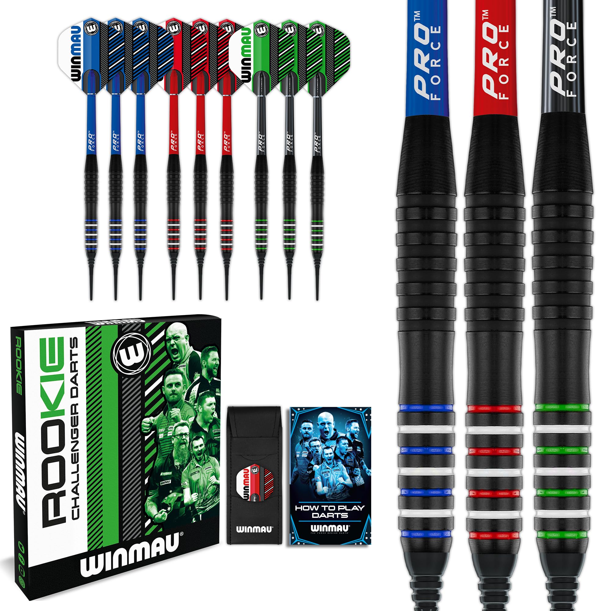 WINMAU Rookie Multi Softip (Plastic Tips) Brass Darts Set, Blue, Red and Green, Standard