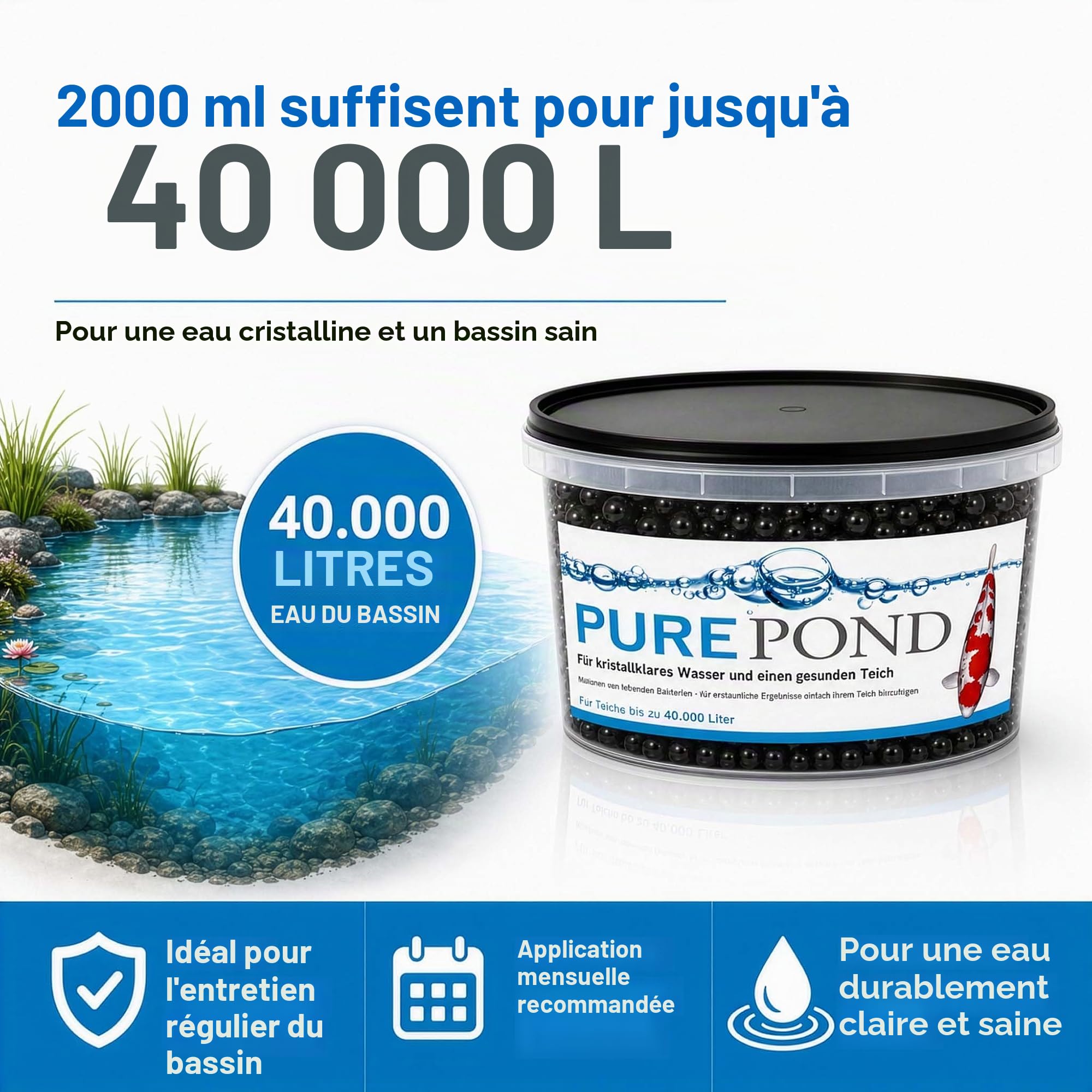 Evolution Aqua Pure Pond 2000 ML - pour 40000 litres - bactéries et enzymes - pour Filtre Eau Filtration Entretien Bassin Aquarium - régulation des valeurs Ammoniac et Nitrite - aquariophilie