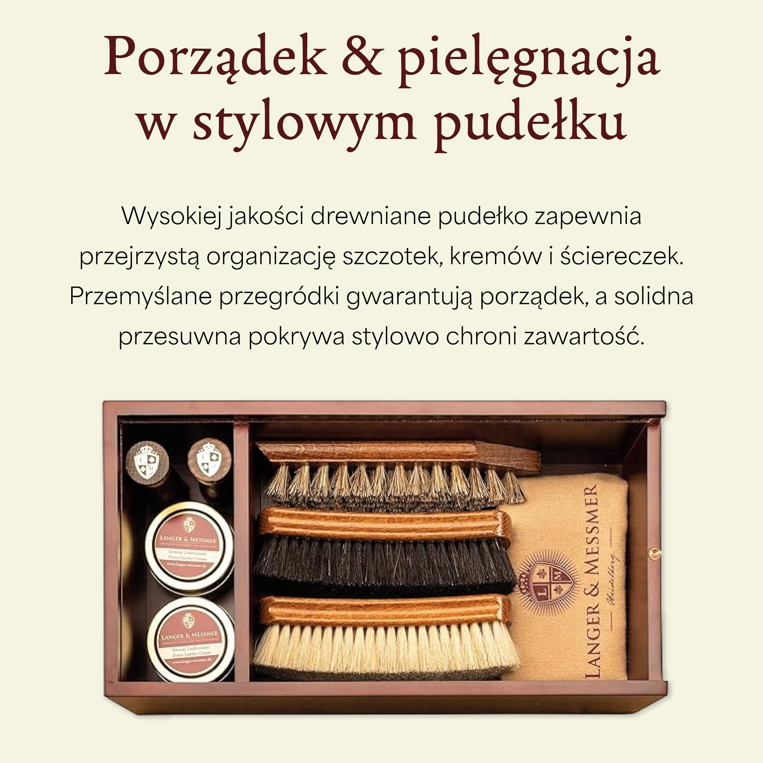 Langer & Messmer – skrzynka na czyszczenie butów Mannheim z drewna z 2 przegródkami – dostępna bez zawartości lub z wieloczęściowym zestawem do pielęgnacji – pudełko do czyszczenia butów do