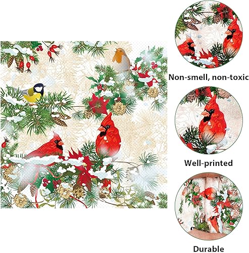 Miniatura 4 de 50 servilletas de Navidad para invitados, paquete de papel desechable de 3 capas, diseño de pájaro cardenal rojo, servilletas de mano, decoración de