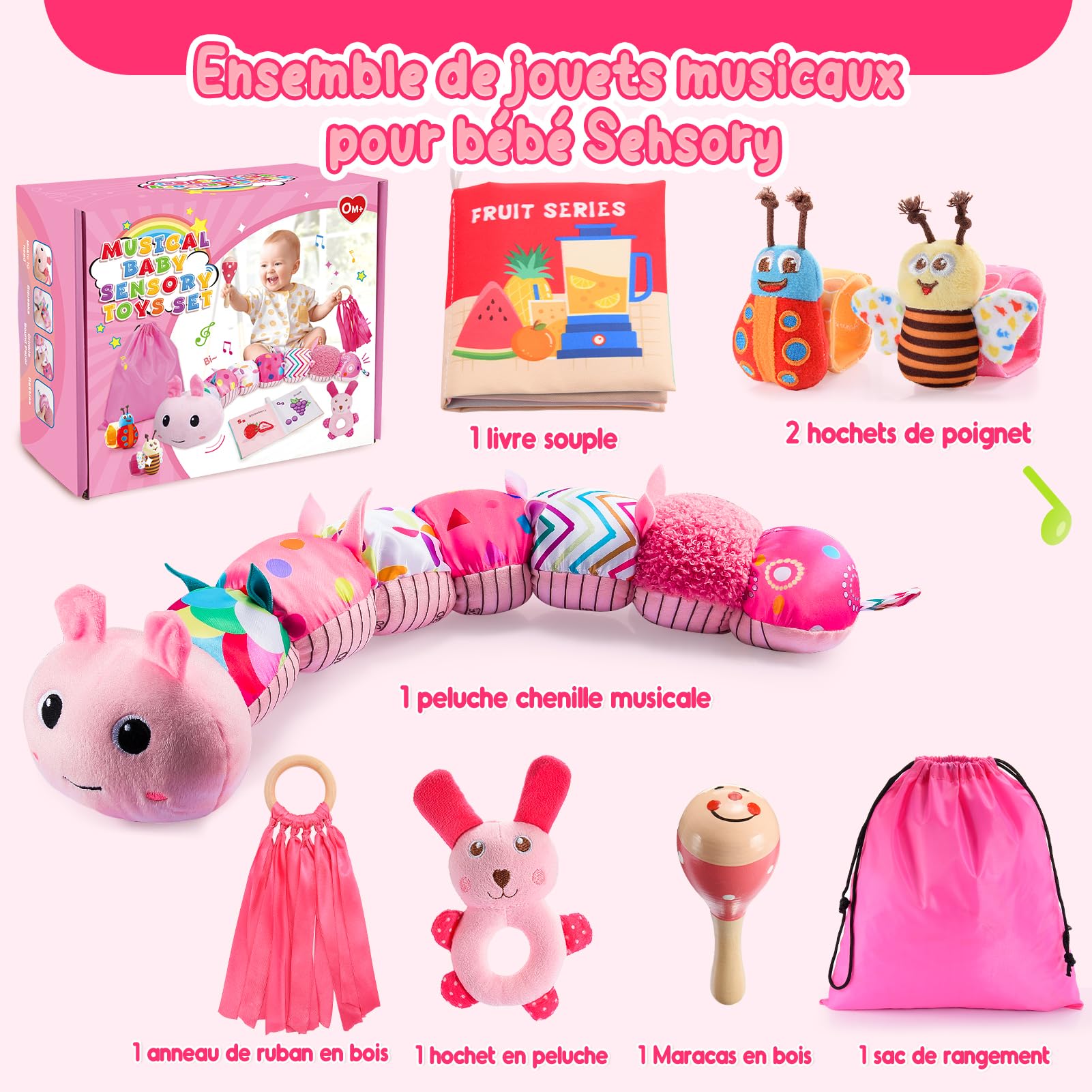 Toyzey Jouet Bébé 0-6 Mois Jouet Peluche Chenille Musicale Cadeau de Naissance 0-6 Mois Bébé Fille Jouet Sensoriels Montessori Éveil 0-12 Mois Jeux Bebe 0-6 Mois Cadeau Bebe 0-12 Mois Fille