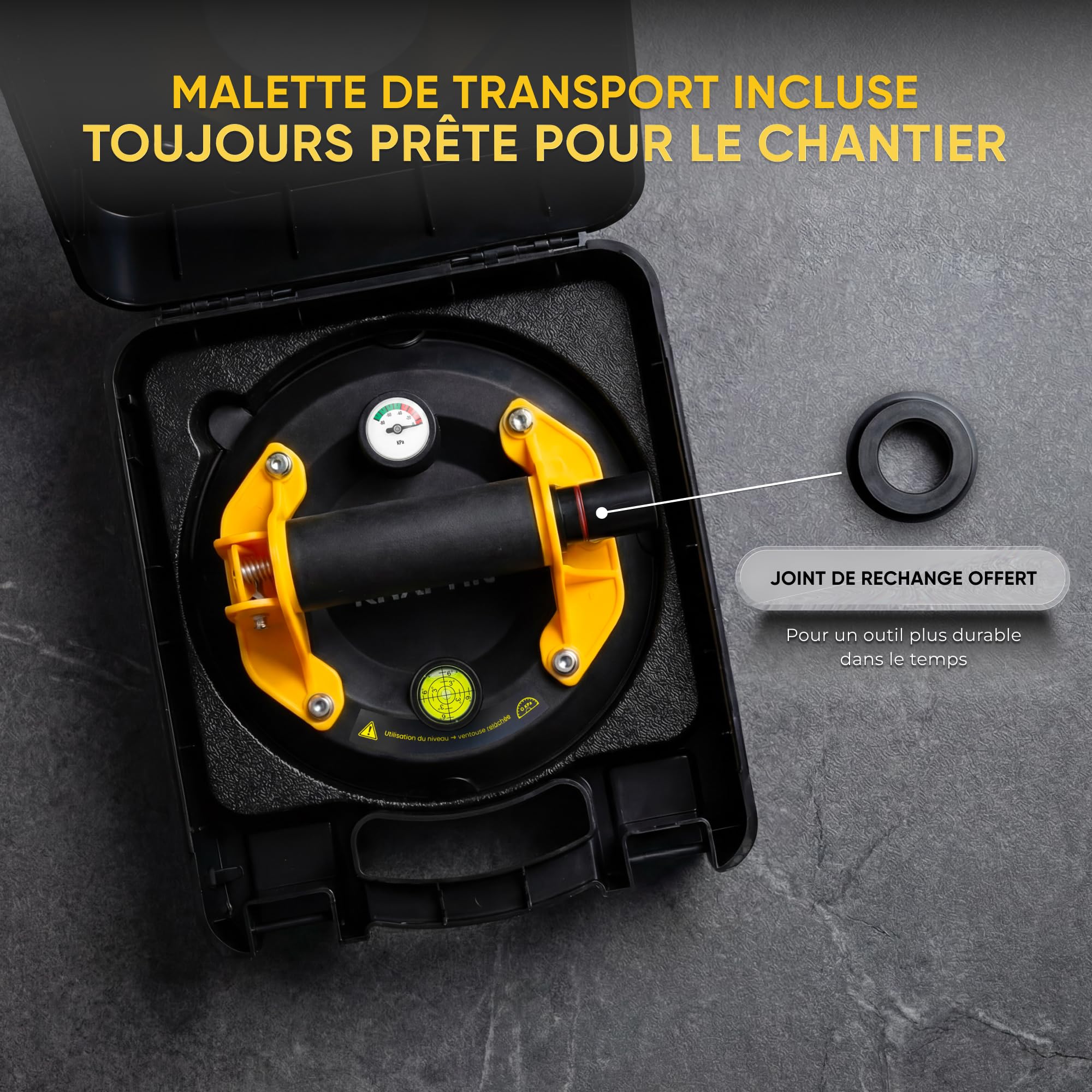 Ventouse Carrelage à Pompe Ø20 cm – Poignée avec Grip Caoutchouc Anti-Glisse, Niveau à Bulle et Manomètre – Haute Adhérence 150 kg pour Carreaux Grand Format, Cérame, Marbre, Verre et Granit