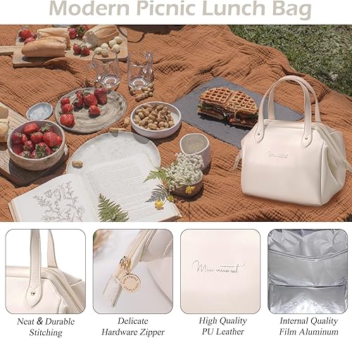 Miniatura 5 de Bolsa de almuerzo aislada, bolsa de almuerzo grande para mujer, bolsa de almuerzo de piel sintética, bolsa de almuerzo impermeable reutilizable para