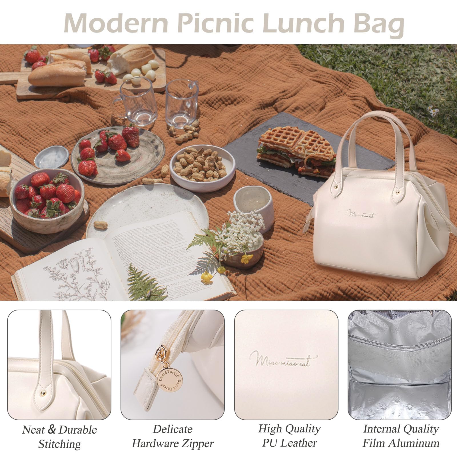 BAKLUCK Insulated Lunch Bag, Lunch Box Bag Large Lunch Bag for Women Faux Leather Lunch Bag Waterproof Reusable Lunch Bag for Ladies Travel Work Picnic White Lunch Bag