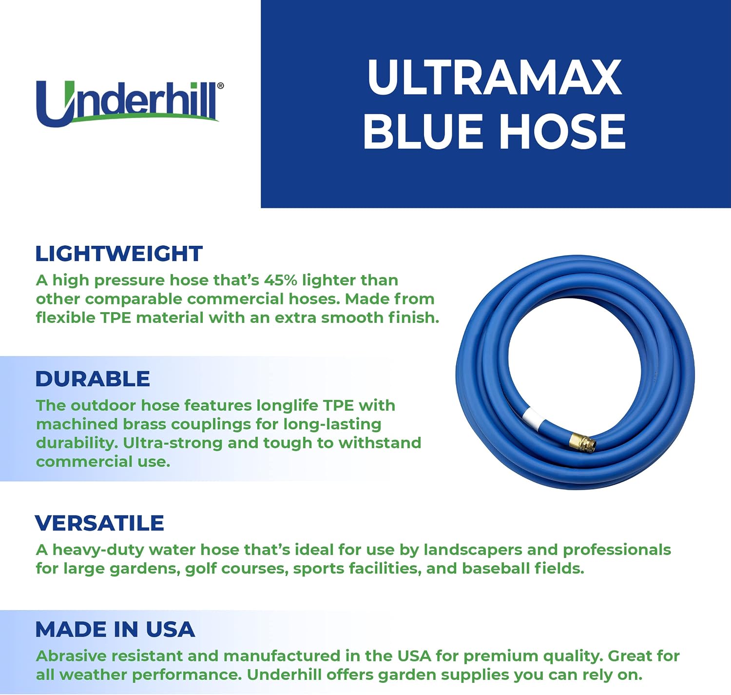 Underhill UltraMax Commercial Garden Water Hose, Lightweight, Heavy-Duty, Flexible, Anti-Kink, 1200 psi, H10-125B, 1 Inch x 125 ft, Blue