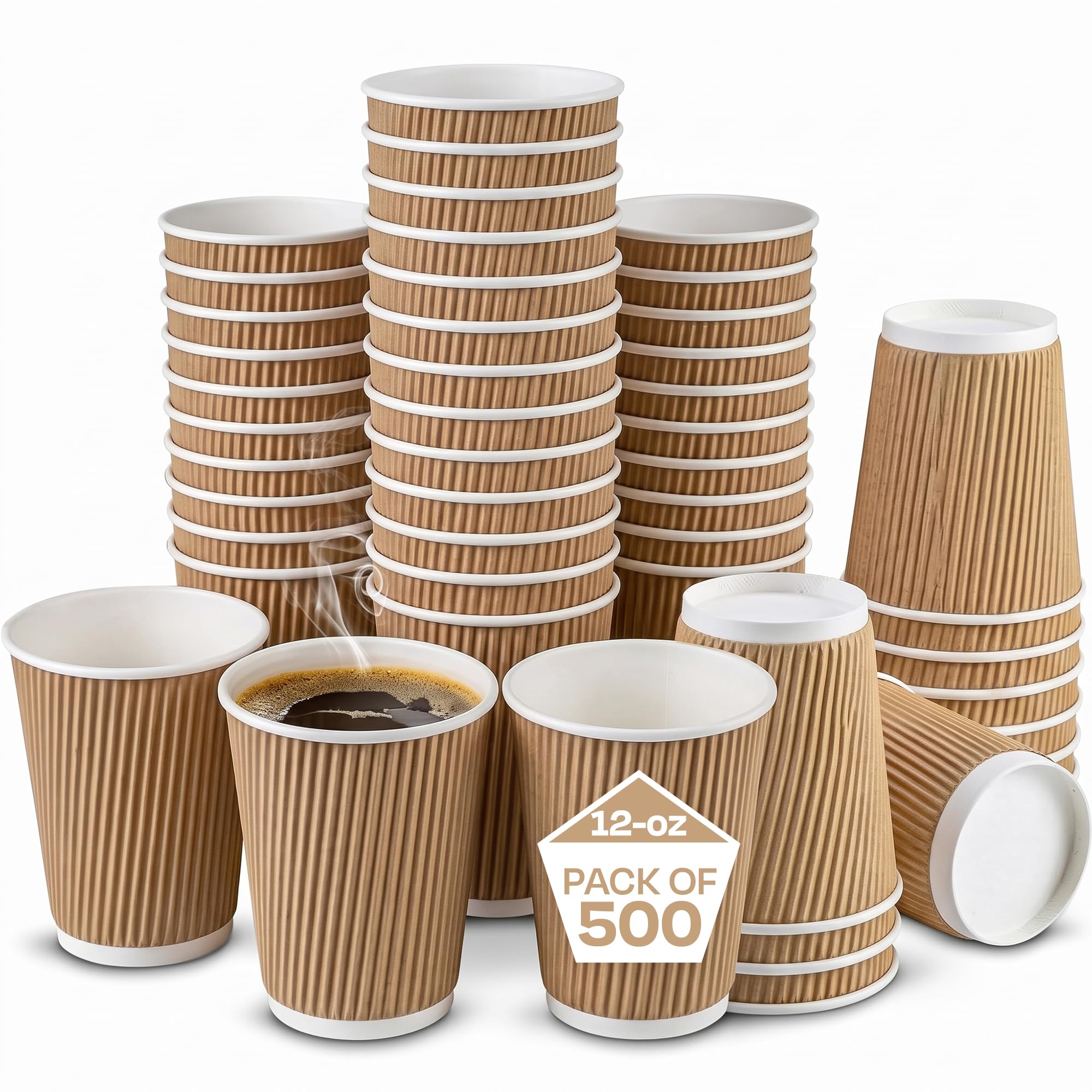 We Can Source It Ltd - 500 x 12oz Ripple Brown Kraft Paper Cups - Strong 3-PLY Disposable Insulated Coffee Cups - Leak-Proof Recyclable Drinking Cups for Hot Drinks, Tea, Coffee and Beverages