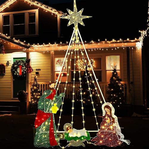 Zonon Belén de Navidad iluminado de 5.9 pies, juego de belén grande para exteriores, decoración de patio con 180 luces LED blancas, decoraciones de