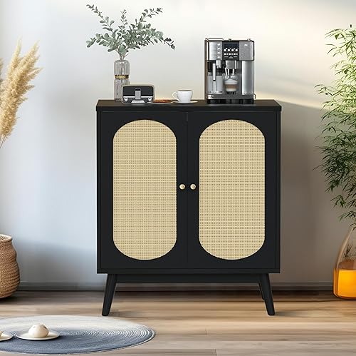 Lamerge Aparador de ratán, armario de almacenamiento de 2 puertas con estantes ajustables, librero independiente, gabinete bohemio, mesa de consola