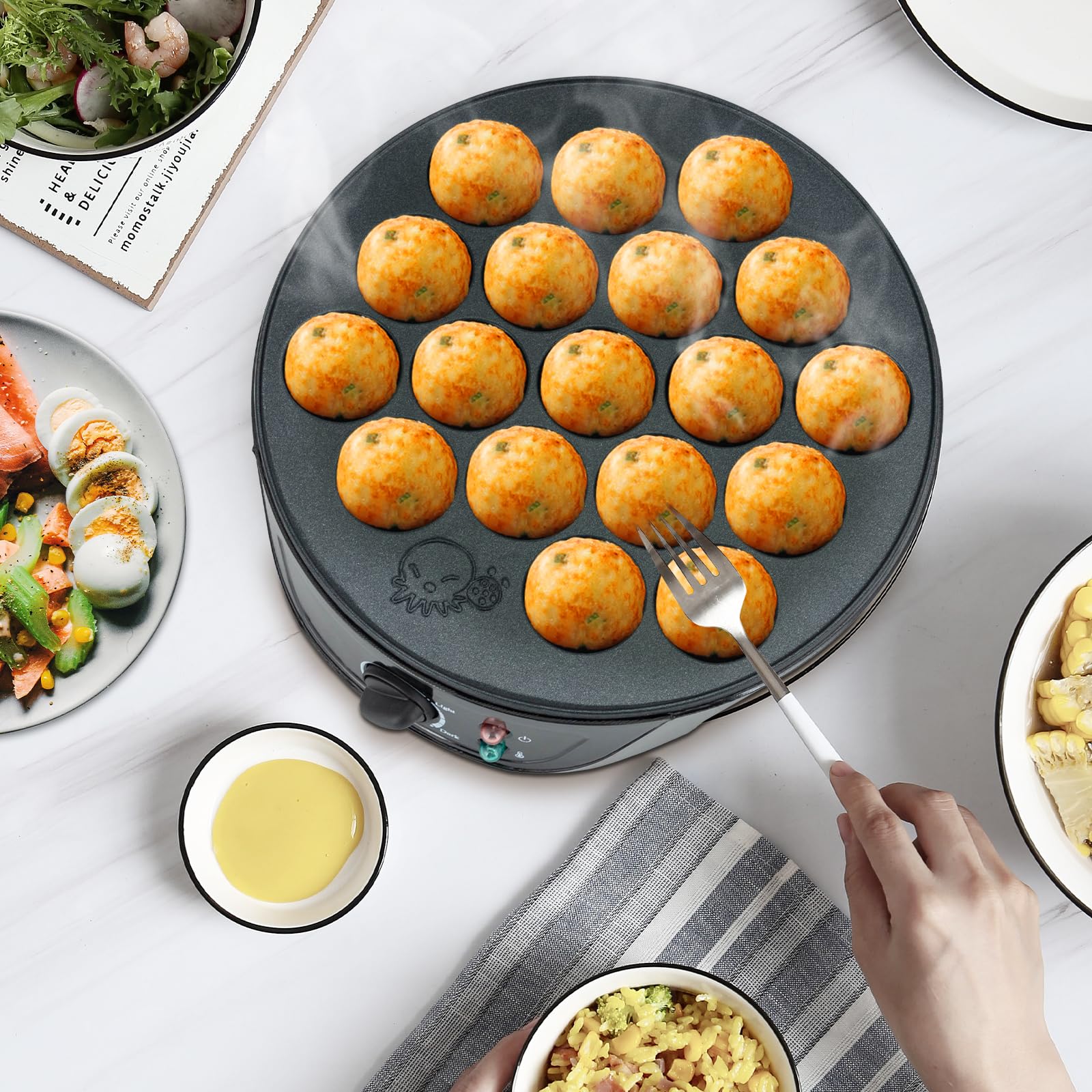 750W Takoyaki Maker Elettrico 18 Fori Antiaderente Nero Bistecchiera Poffertjes