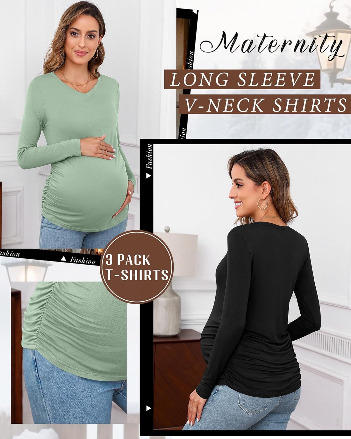 (Size XXL) Ficerd 3 Pack Womens V Neck Maternity Shirts Long Sleeve Side Ruched Tops Basic Tunic Tshirt Winter Pregnancy Clothes Black, Wine Red, Green Small