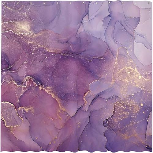 Allenjoy Cortina de ducha de mármol morado con patrón dorado lavanda, textura elegante, tela abstracta, juego de cortinas de baño de tinta