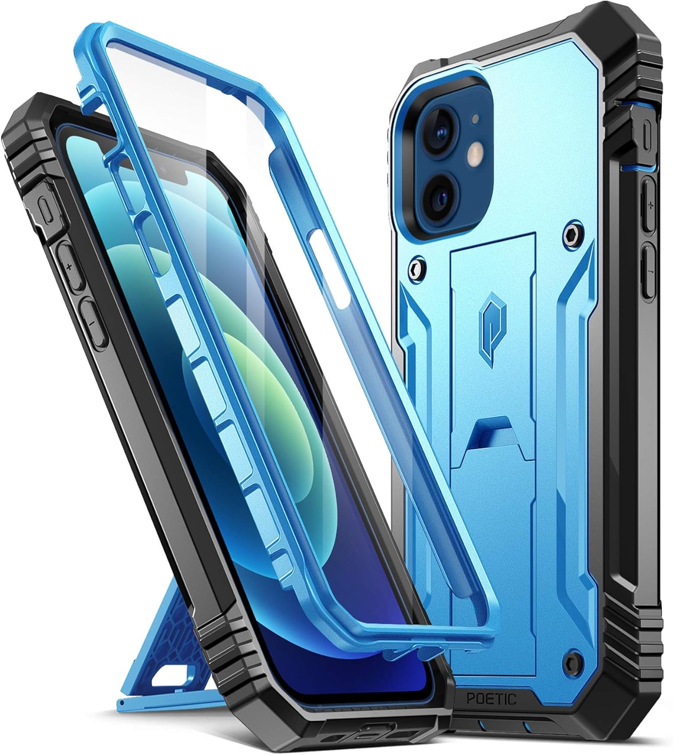 Poetic Revolution for iPhone 12 / iPhone 12 Pro Case 6.1 inch (2020 Release), Full-Body Rugged Dual-Layer Shockproof Protective Cover with Kickstand and Built-in-Screen Protector, Blue