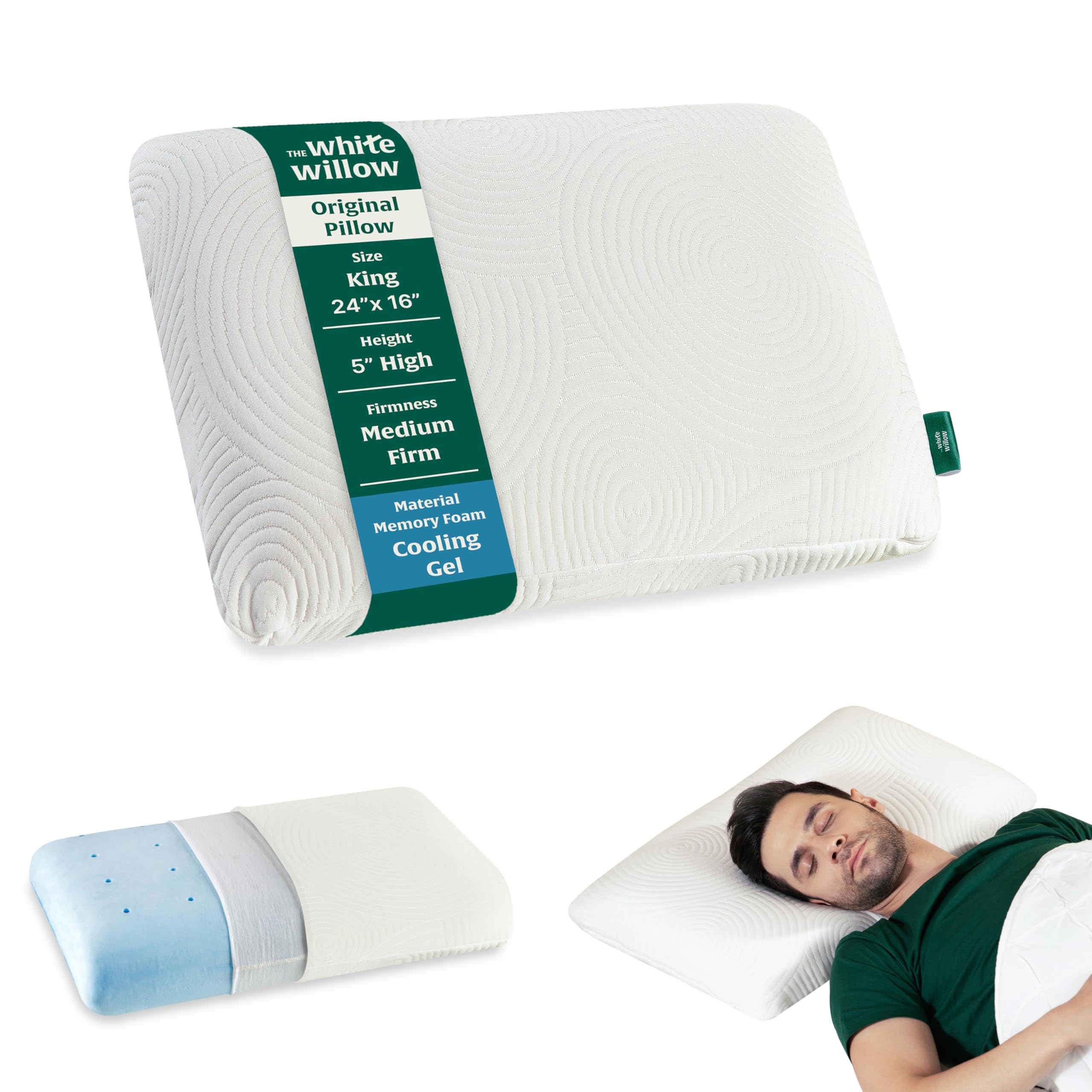 The White Willow Orthopedic Memory Foam Cooling Gel King Size Neck & Back Support Sleeping Bed Pillow - (24" L x 15" W x 5" H) - White, Set of 1