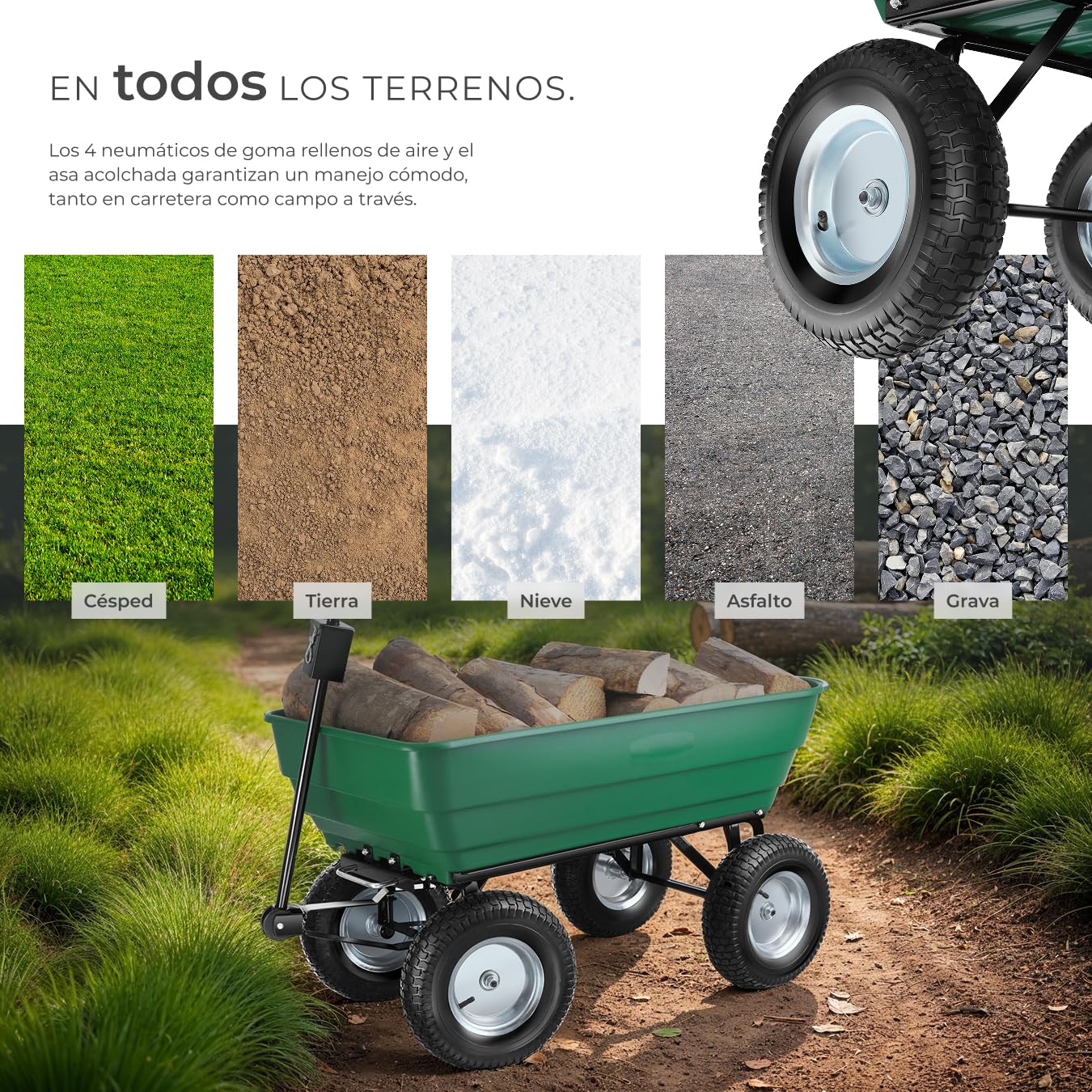 tectake® Carro de Jardin con Ruedas Neumáticas, Carretilla de Mano para Herramientas y Jardinería, Carrito de Transporte Resistente para Distintos Usos - 107 x 58 x 60,5 cm 300 Kilos de Carga