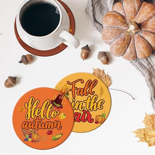 Miniatura 6 de Whaline 6 posavasos de otoño de Acción de Gracias con soporte de hierro divertido pavo para dar gracias, posavasos de cerámica natural absorbente de