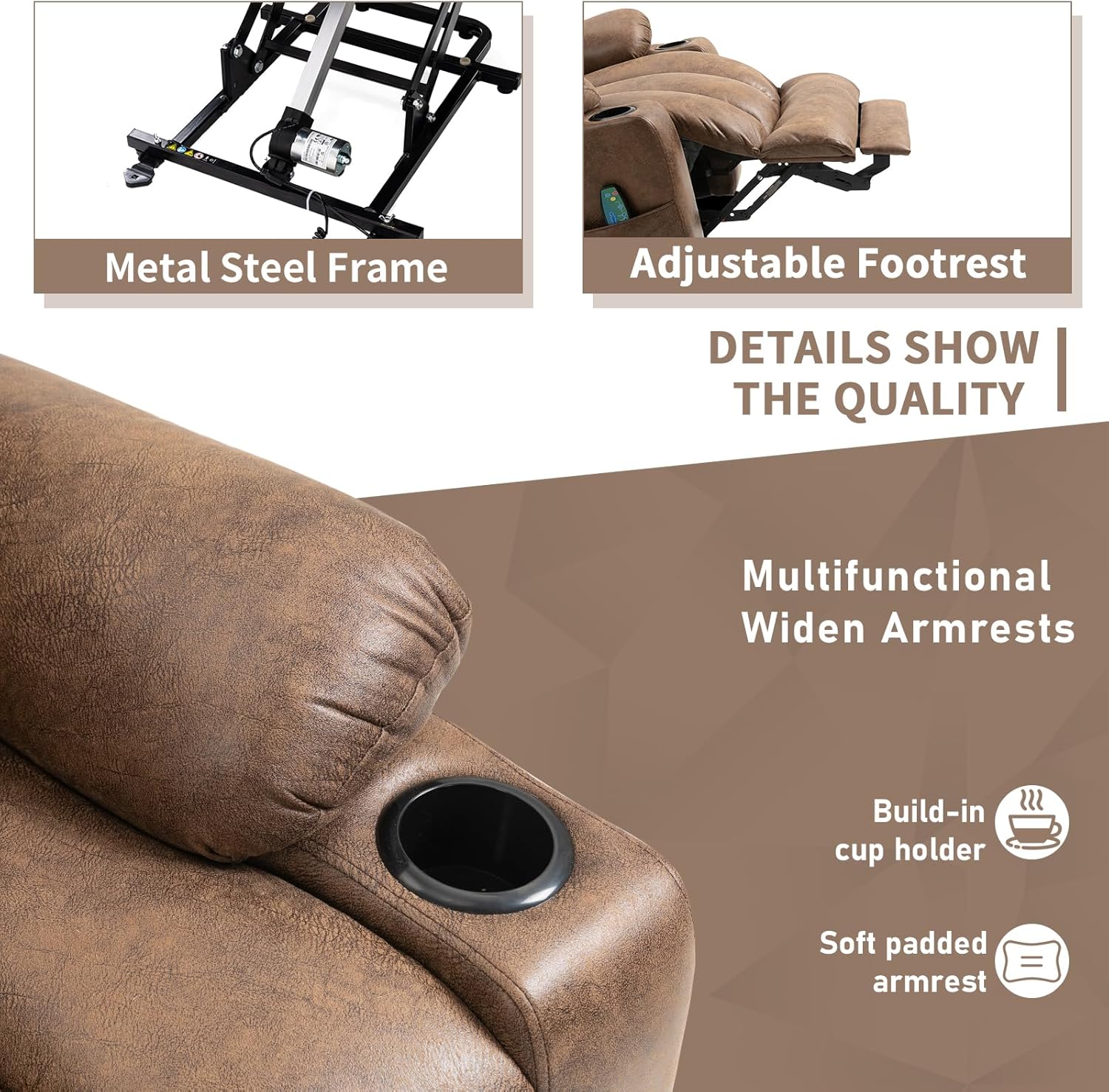 Large Power Lift Recliner Chair for Elderly Tall Man, Overstuffed Widen Massage Electric Recliner with Heat Vibration, Extended Footrest, Cup Holders, Side Pockets & USB Ports, Brown