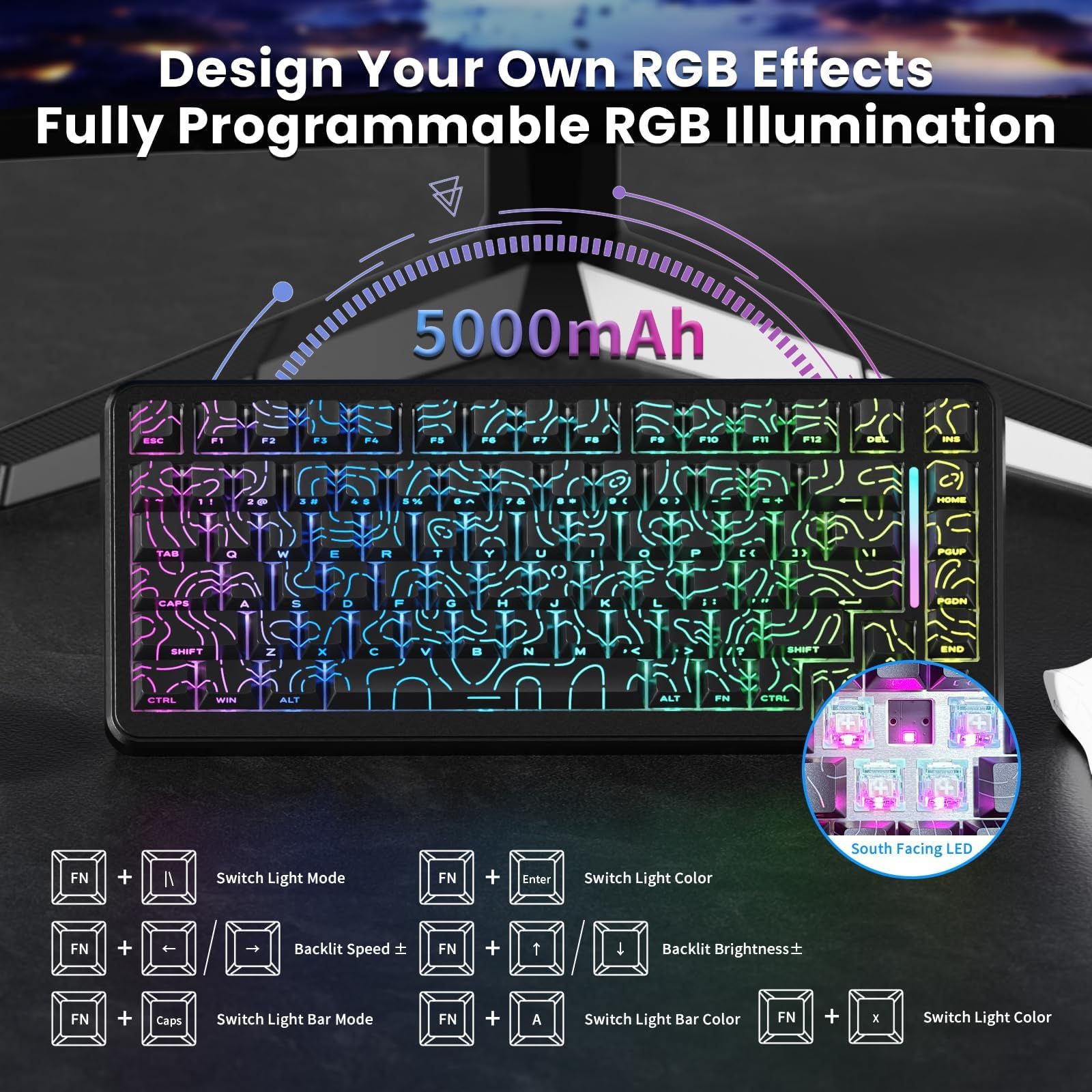 ATTACK SHARK X82PRO HE Teclado Magnético Inalámbrico 75% con Gatillo Rápido, Teclado Gaming con Cable 8000, Switches Hall Effect con Activación Ajustable, QWERTY, C01 Cable Enrollado RGB -Negro