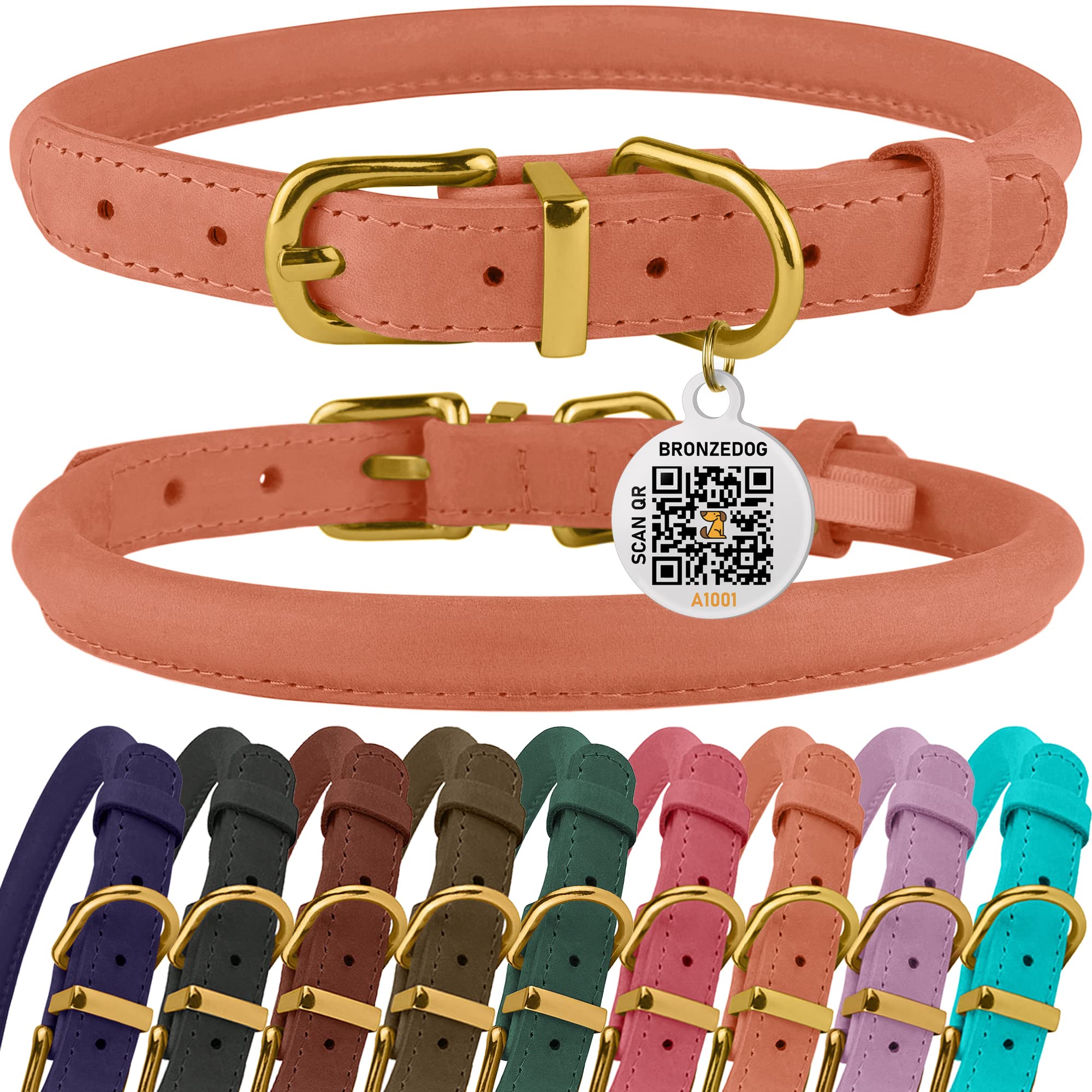 Photo 1 of BRONZEDOG Rolled Leather Dog Collar with QR ID Tag Adjustable Soft Round Collars for Small Medium Large Dogs Puppy Cat (7" - 9" Neck Size, Peach) Peach 7" - 9" Neck Size