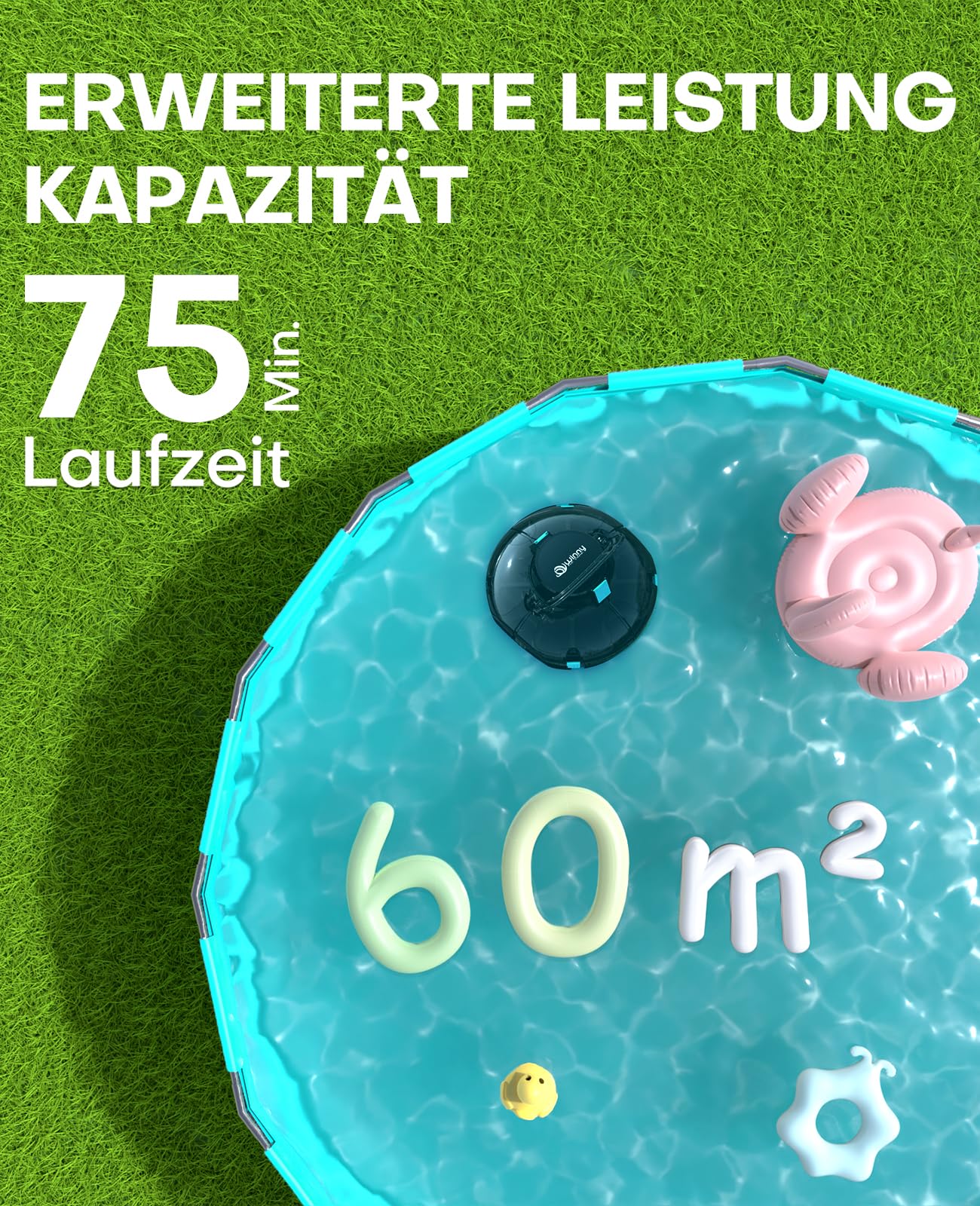 WINNY POOL CLEANER Winny 200 Poolroboter, Poolsauger kabellos mit Akku, 75 Min. Laufzeit, für Aufstellpools bis 60 m², Doppelfiltration, Automatisches Parken, Kompakt Leicht (Transparentes Schwarz)