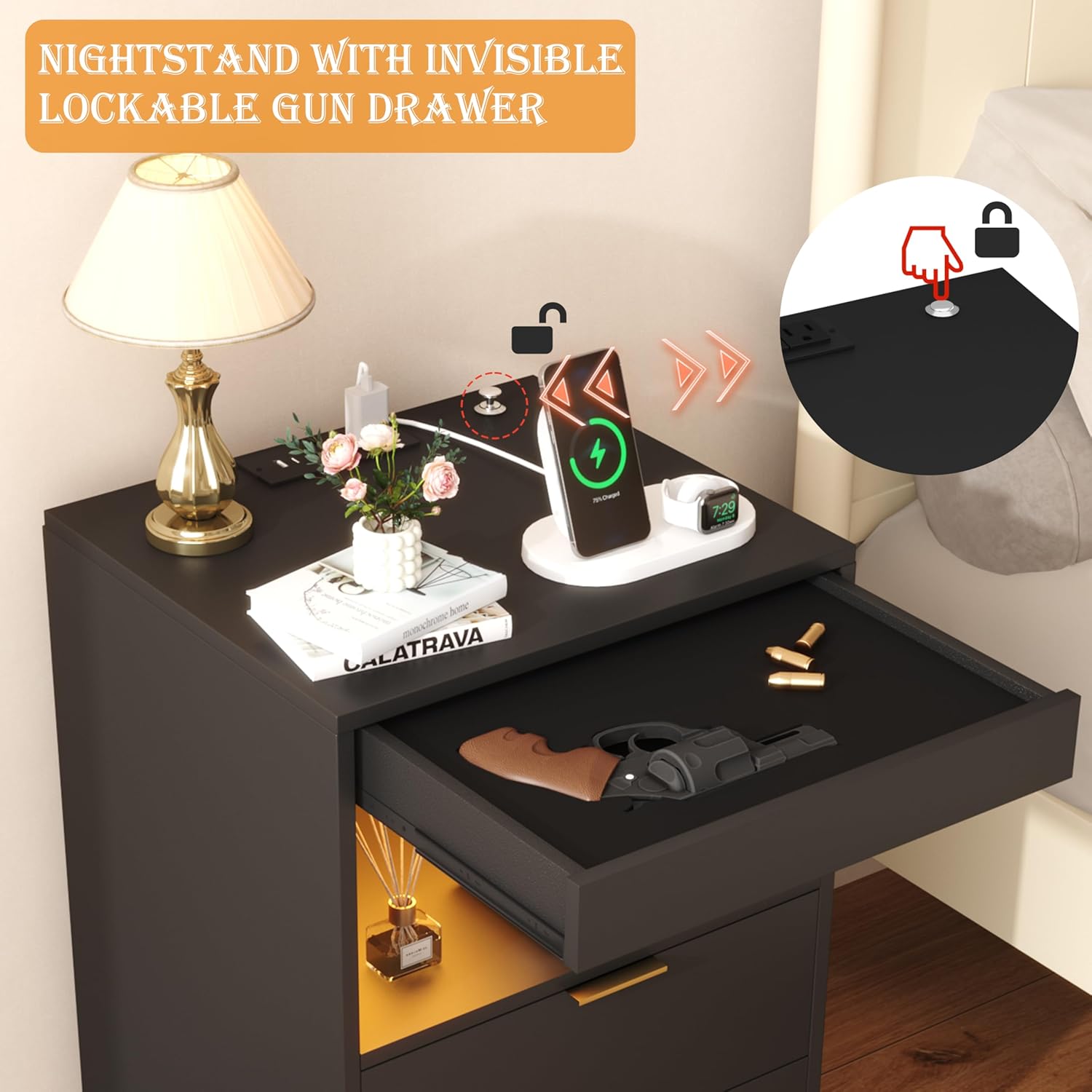 Yusong Night Stand, Bedside Table, LED Nightstand with Charging Station, Modern Night Stand, Wood Sofa Couch End Side Table with 2 Pull-Out Shelf (Black 002)