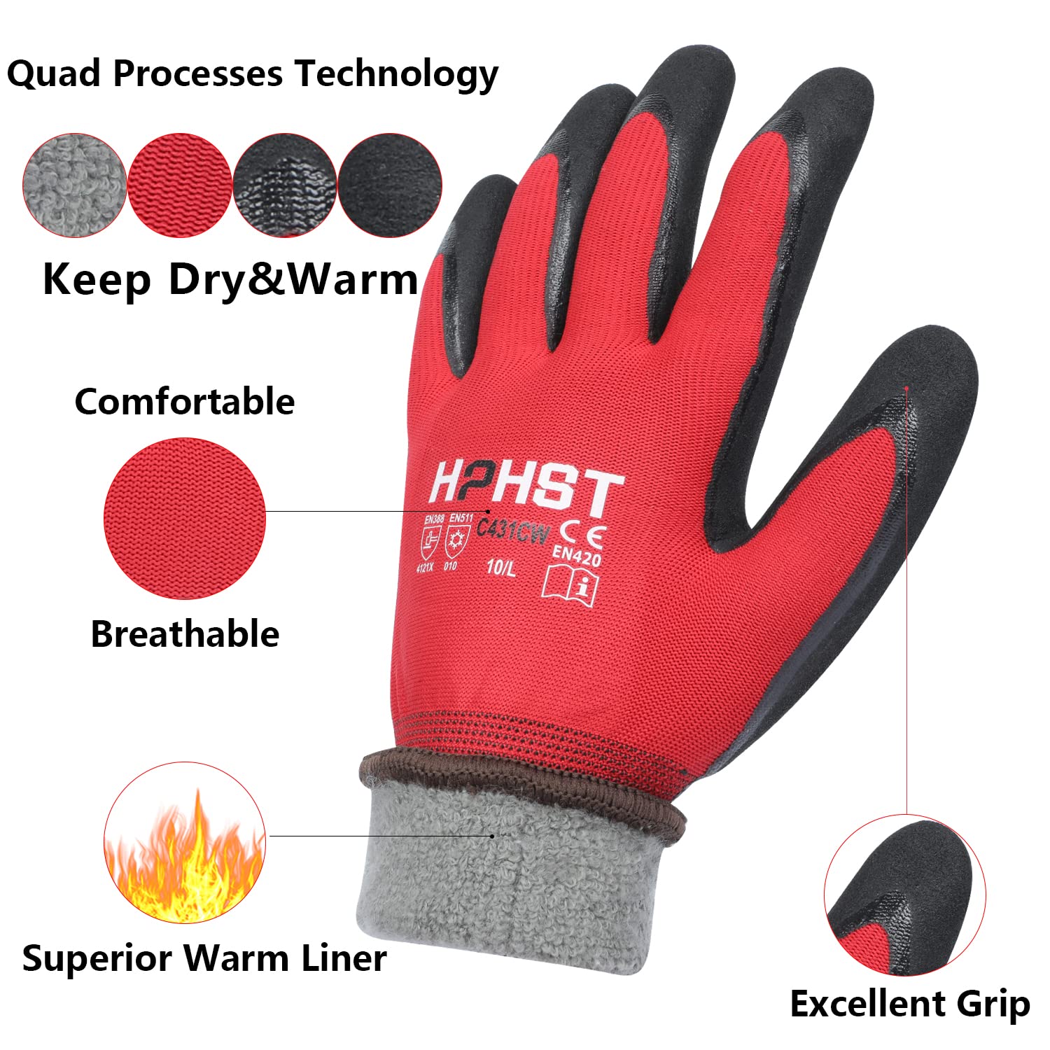 HPHST Werkhandschoenen, winter, waterdicht, thermische warme winterhandschoenen, montagehandschoenen, grip, winterwerkhandschoenen, dubbele coating, nylon geïsoleerde handschoenen, maat S