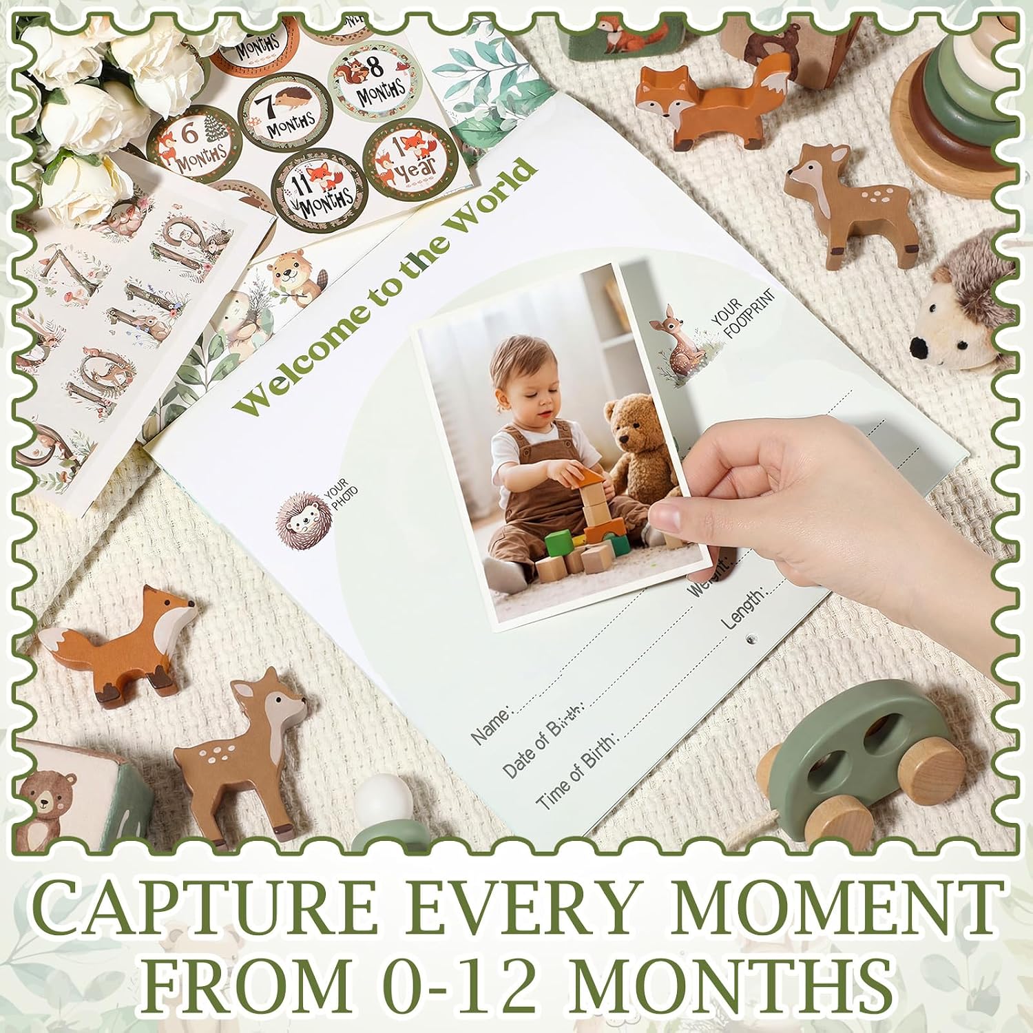 Eaasty Baby's First Year Calendar with 102 Stickers Baby Memory Book 1st Years Milestone Calendar Baby's First Year Scrapbook Nursery Wall Decoration for New Mom and Newborn Girls Boys (Forest)