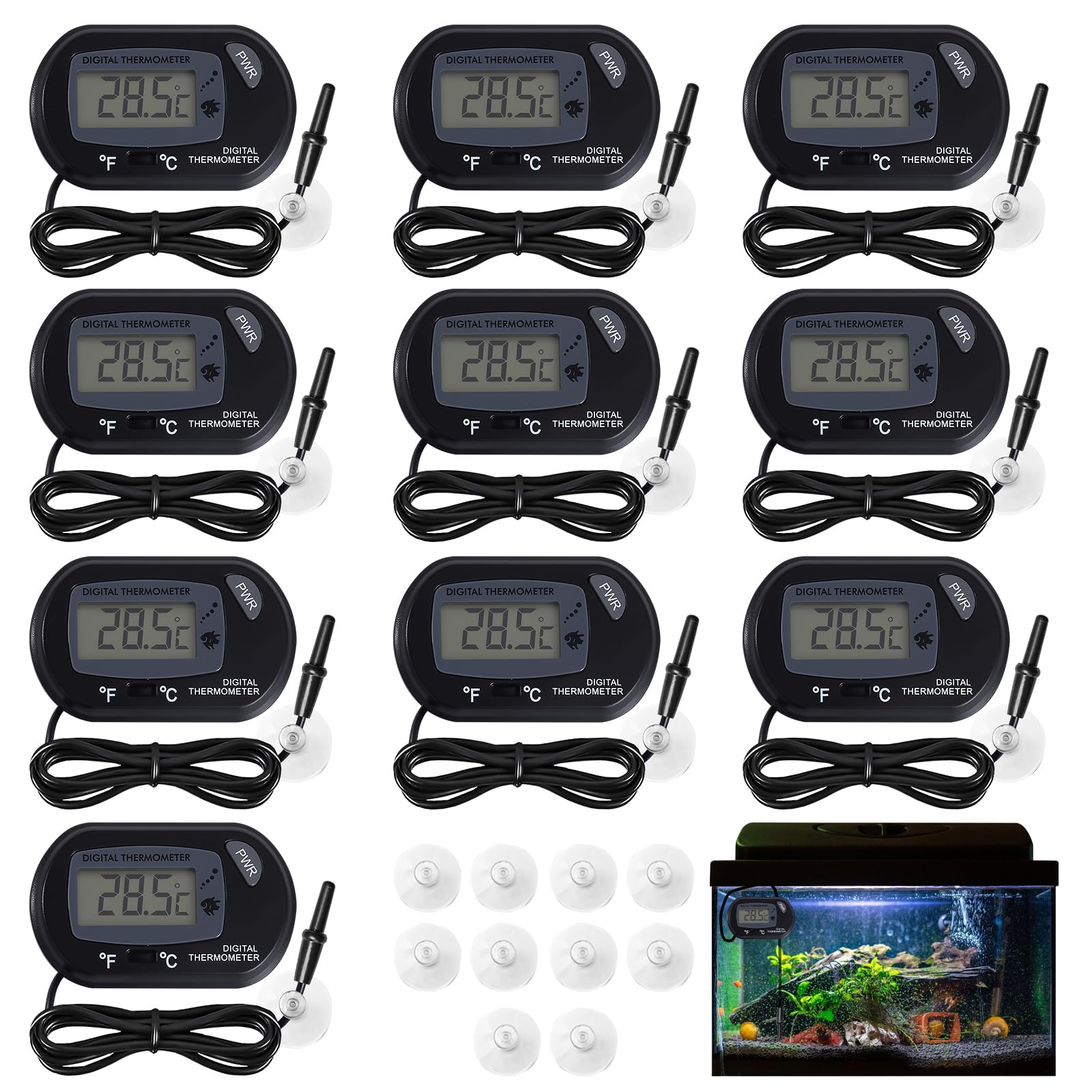 PRITOK Digital Aquarium Thermometer with Probe and Suction Cup: 10 Pack °C/°F Switchable Water Temperature Monitor with Large LCD Display for Fish Tanks Aquariums