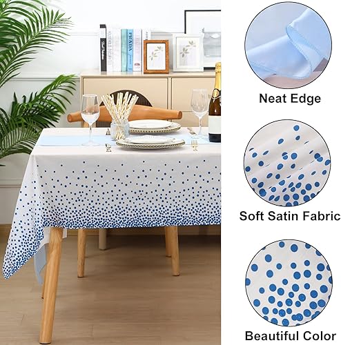 Miniatura 2 de Juego de 12 manteles de plástico y camino de mesa de satén, desechables, punto blanco y azul, 54 x 108 pulgadas, mantel de satén azul cielo para