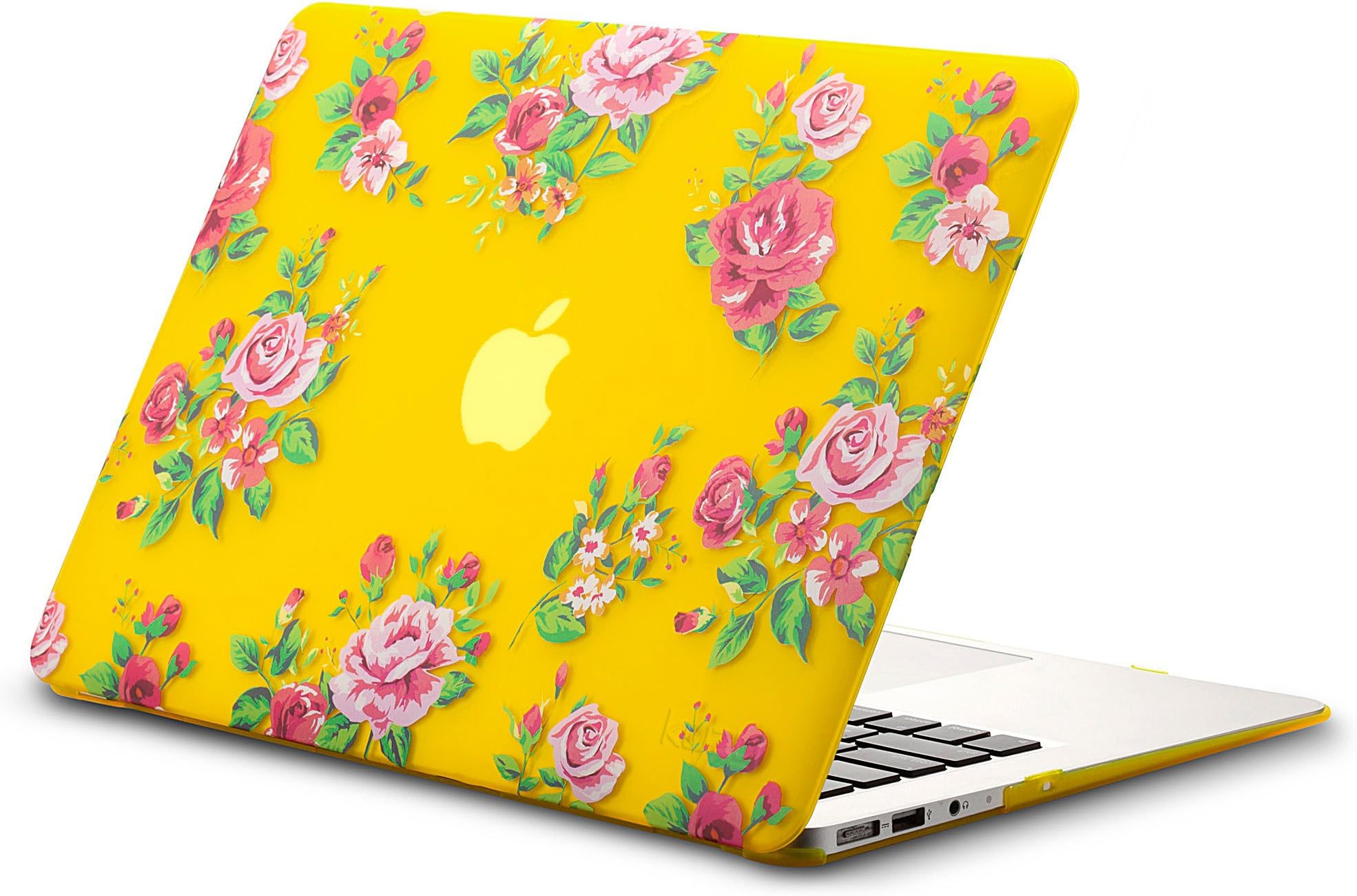 Kuzy MacBook Air 13 inch Case A1466 A1369 Soft Touch Cover for Older Version 2017, 2016, 2015 Hard Shell - Vintage Flower Yellow