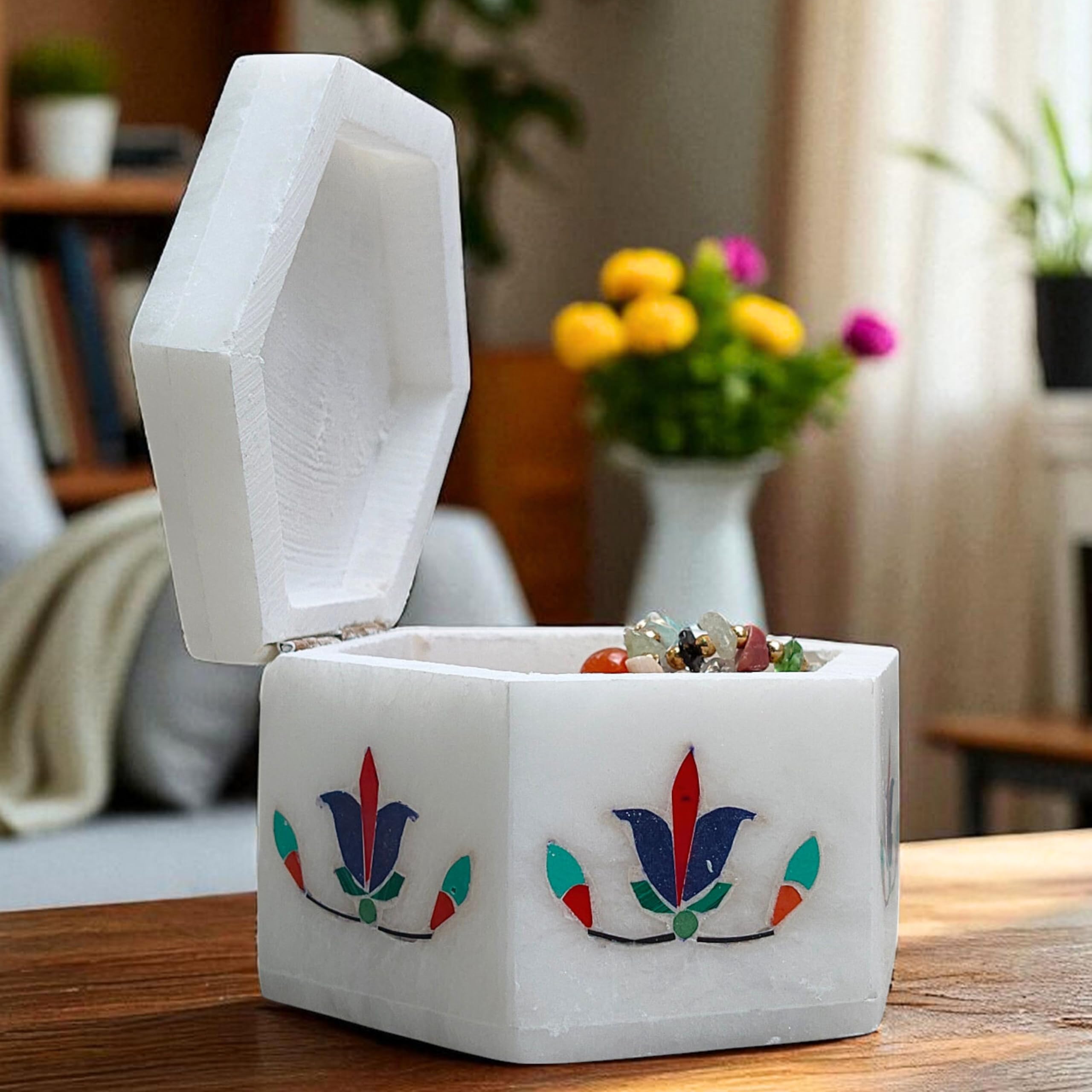 Agra Craft Sechseckige Schmuckschatulle aus weißem Marmor mit Blumeneinlage, handgefertigter Pietra Dura Steinkunst-Schmuckhalter, dekorativer Andenken-Organizer für Heimdekoration, Geschenke oder