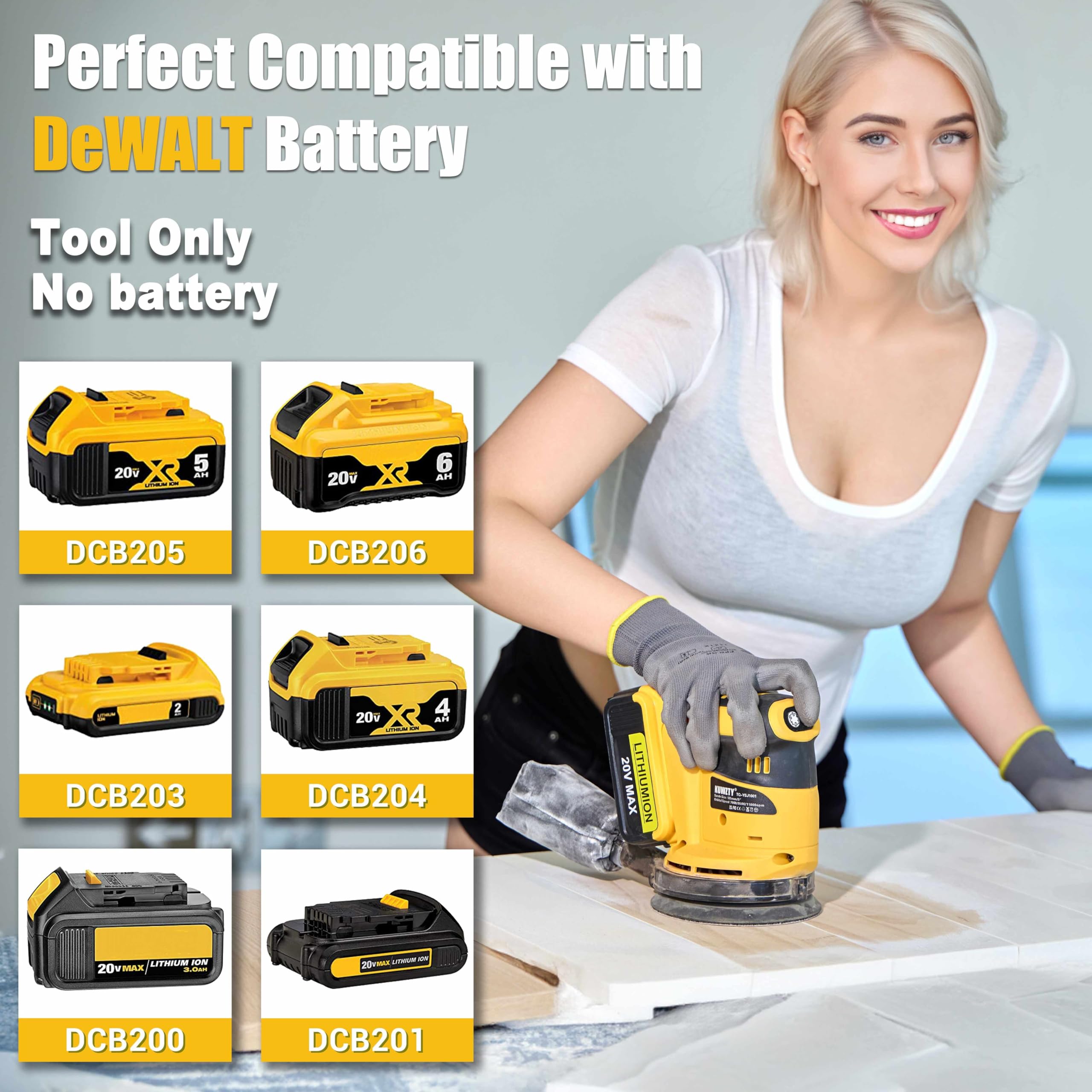 KUWZTY Random Orbit Sander for DEWALT 20v Battery, Cordless Brushless Motor Variable Speed Orbital Hand Sander with Dust Collector for Sanding and Polishing (Tool Only,No Battery)