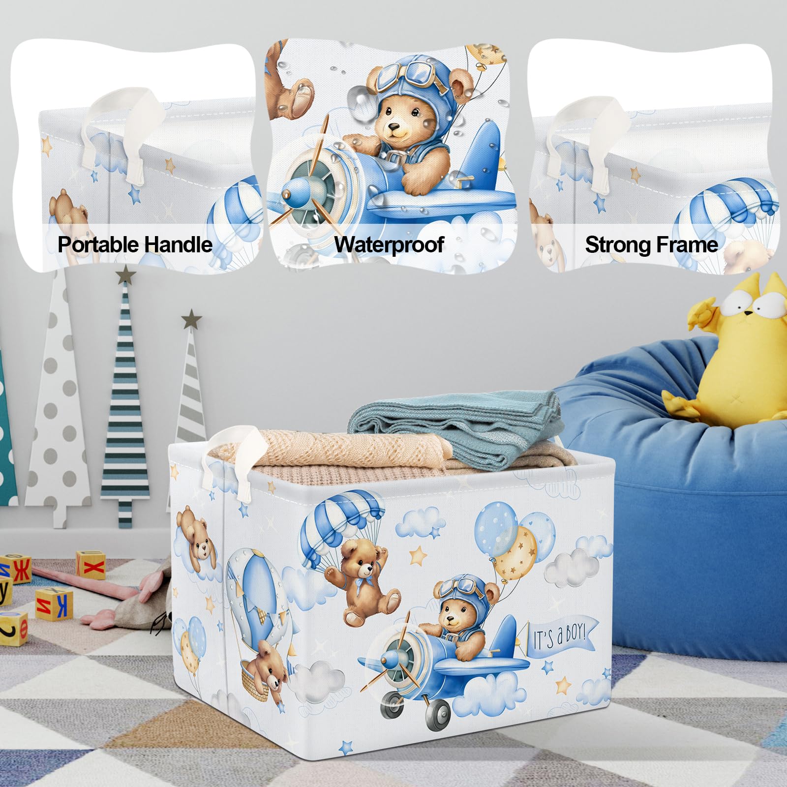 Clastyle Large Blue Bear Pilot Hot Air Balloon Shelf Basket with Handle Collapsible Rectangle Toy Clothes Cube Storage Basket for Kids Room Nursery Bear Pilot - Image 4