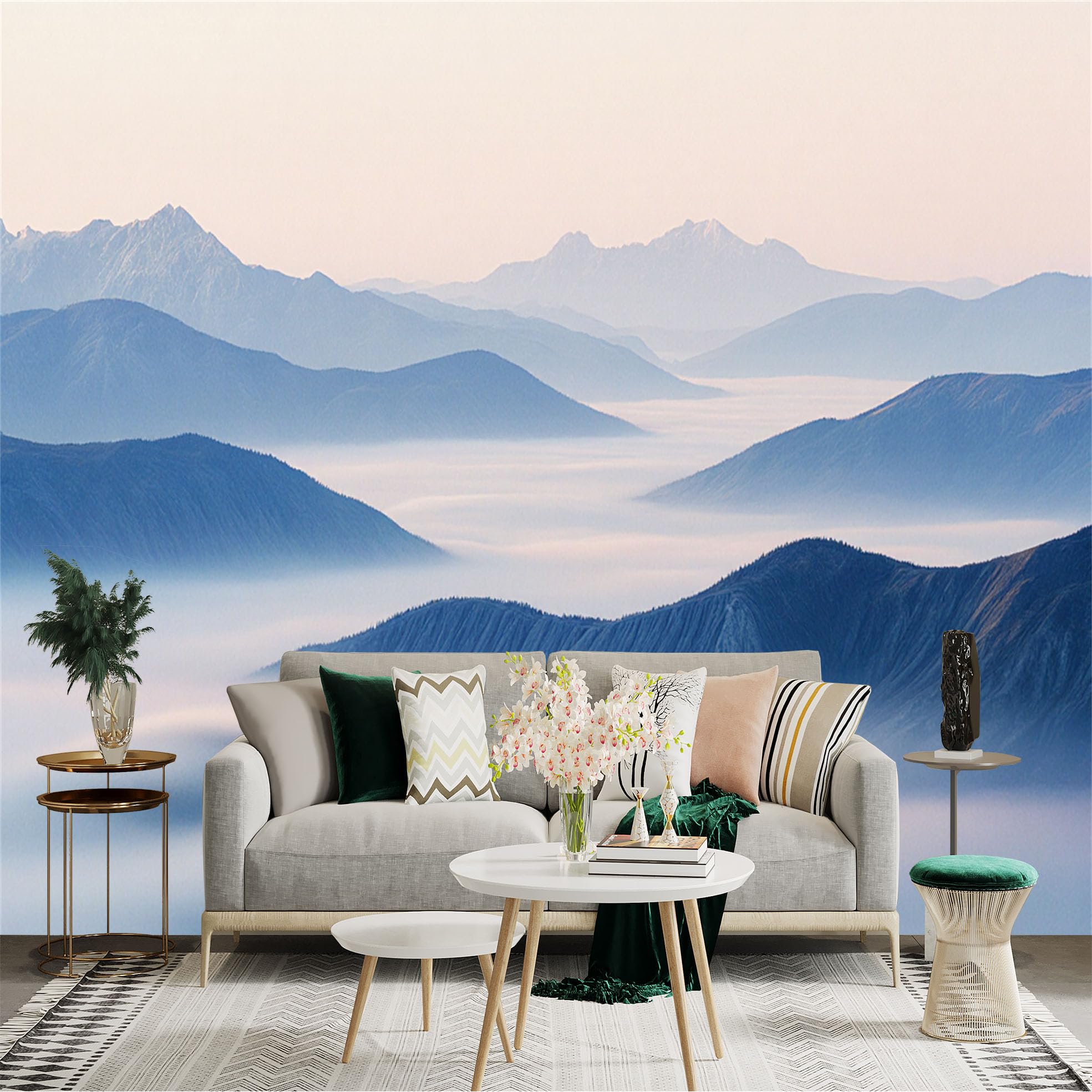 Lnzczhyre Xc260505821 Custom Size Wall Sticker Mural， Misty Mountain Peaks， Serene Morning Landscape， Rolling Blue Ridges Above Clouds， For Wall Decoration， Peelandstick Wall Decals.