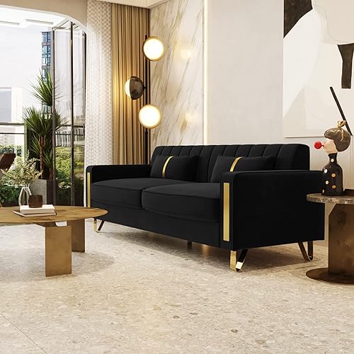 Miniatura 7 de Sofá moderno de terciopelo negro de 85.63 pulgadas con patas de metal dorado, tapizado grande, cómodo sofá de 3 plazas para sala de estar,
