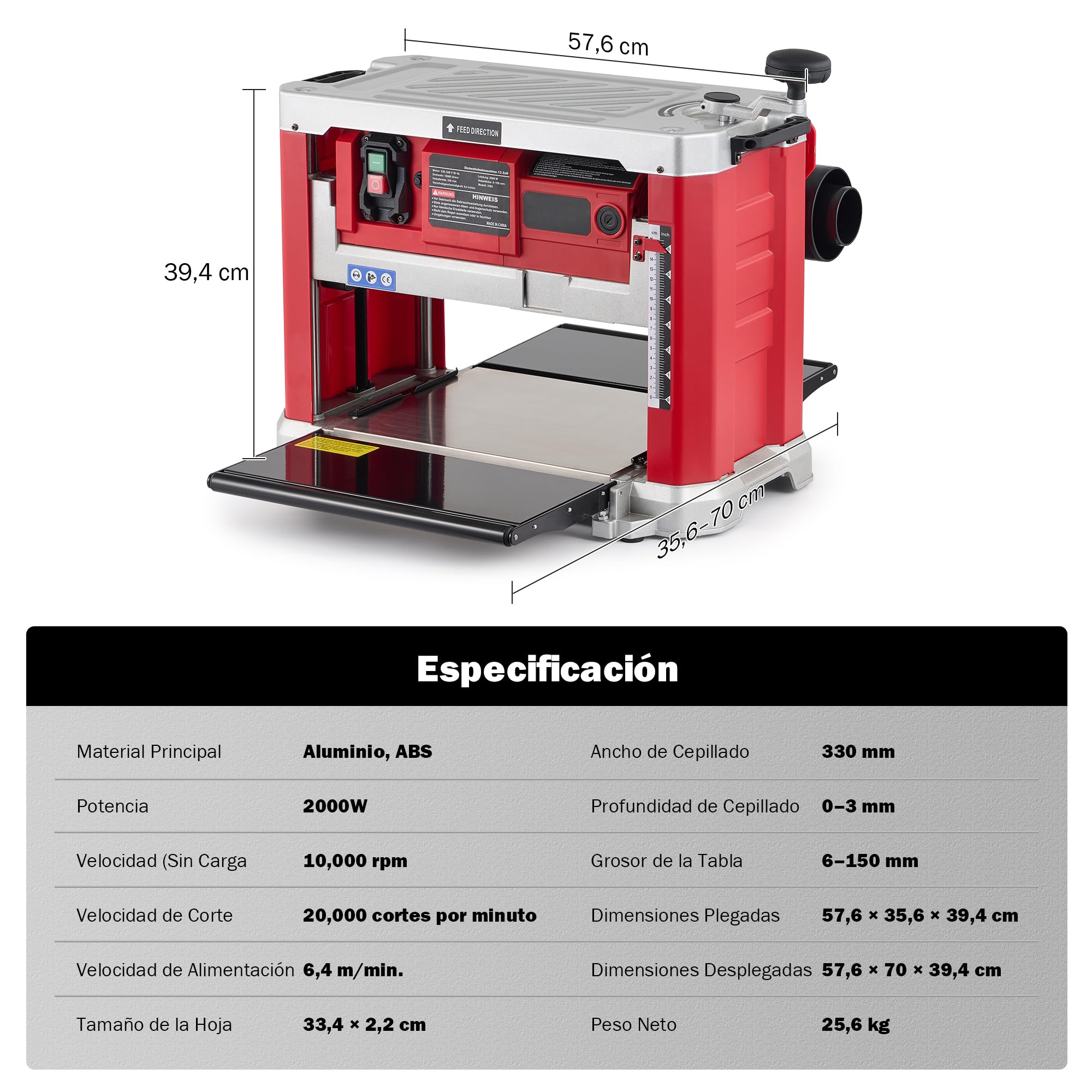 ZELCAN Cepilladora de Sobremesa para Madera 33 cm, 2000W, 2 Cuchillas, 20000 Cortes/min, Cepilladora Espesadora para Carpintería Profesional