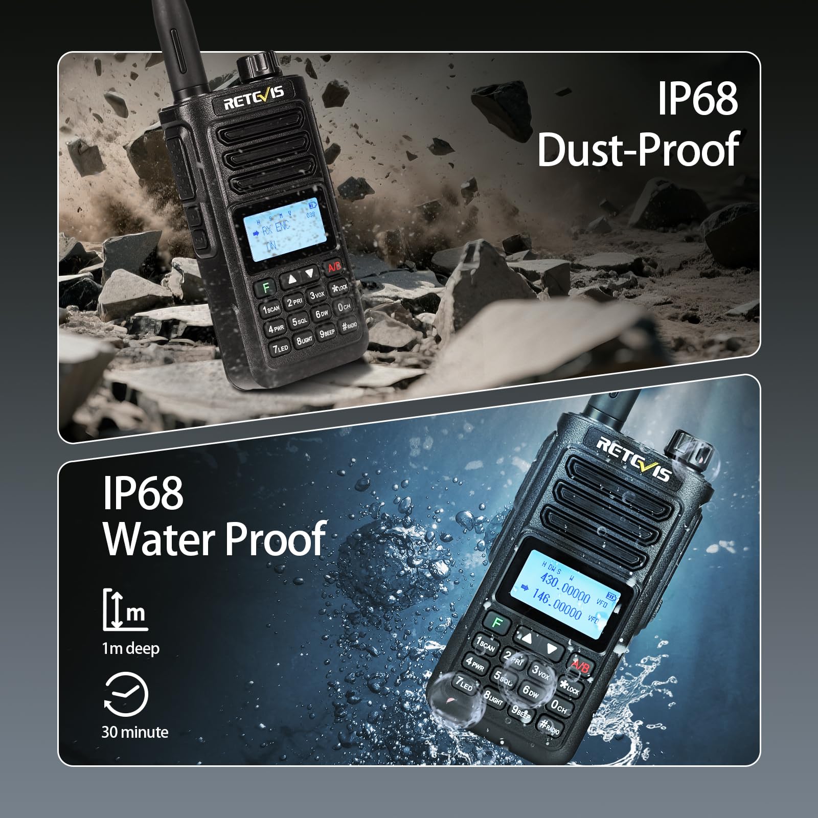 Retevis RA89 Amateurfunkgerät, IP68 Wasserdicht Amateurfunk Funkgerät | Dualband, Unterstützung Chirp, COMP, 1750hz, DTMF, VFO, 2500mAh Akku, Typ-C, Handfunkgerät für Jagd, Notfallrettung