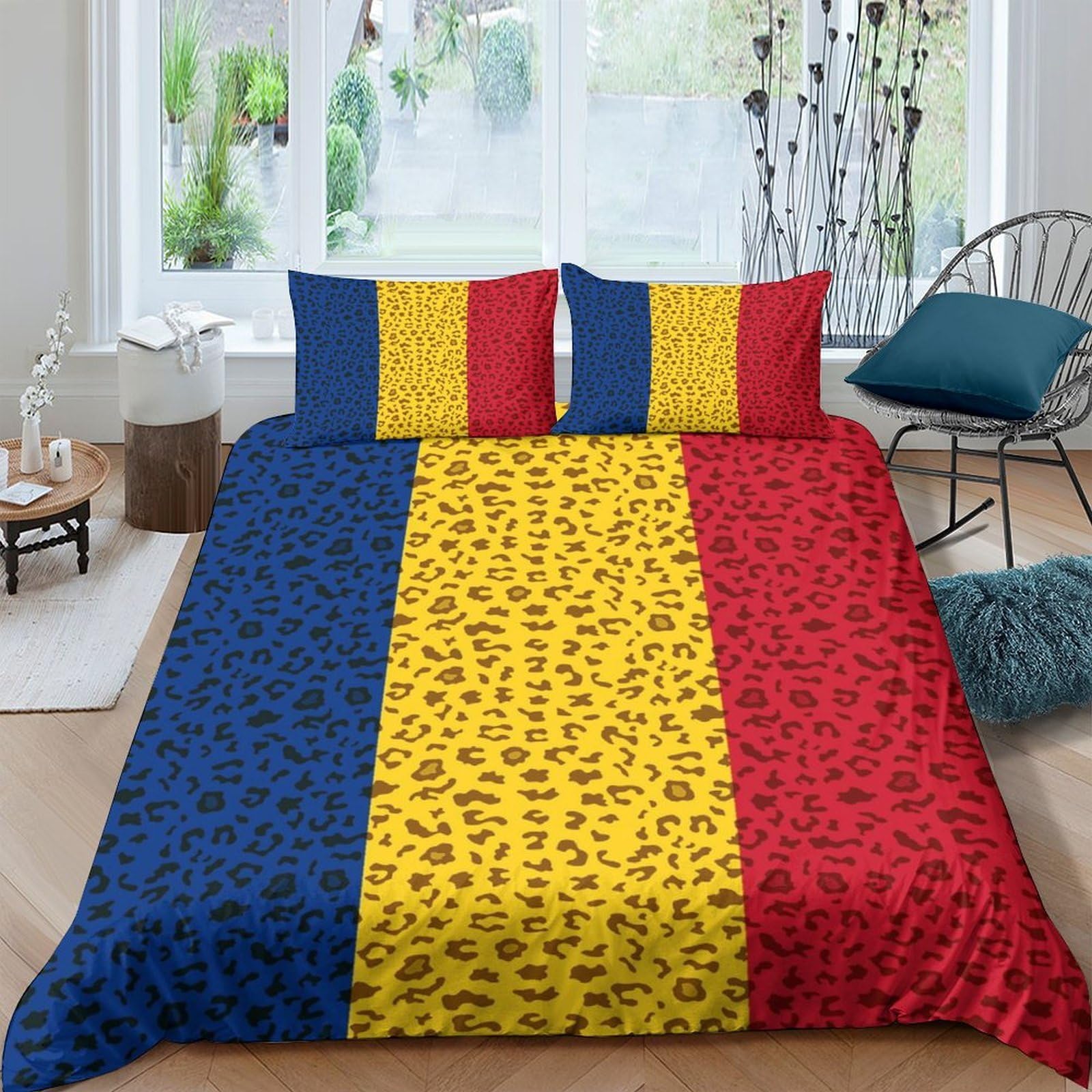 GPLZQXKJNH 3D Printed Romanian Flag Leopard Duvet Cover Microfiber Soft Breathable Bedding Set with 2 Pillowcases for Bedroom Decor Single（135x200cm）