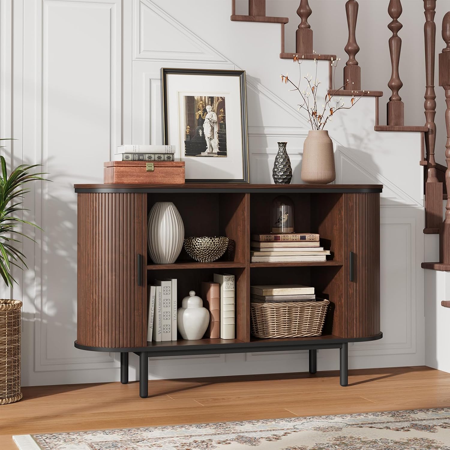 QUW Console Table with Sliding Tambour Doors, 47" TV Stand with Storage & Adjustable Open Shelves for TVs up to 55", Modern Entryway Table for Living Room, Foyer, Hallway, Dark Walnut