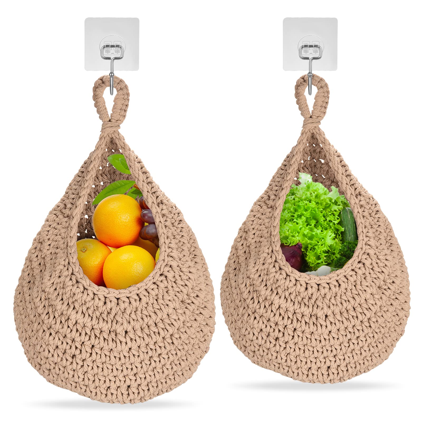 Hanging Fruit Basket, 2 PCS Hanging Wall Basket Teardrop Hanging Baskets, Hand Woven Wall Mounted Vegetable and Fruit Basket, Plant Woven Storage Basket for Kitchen Decoration, Living Room, Porch